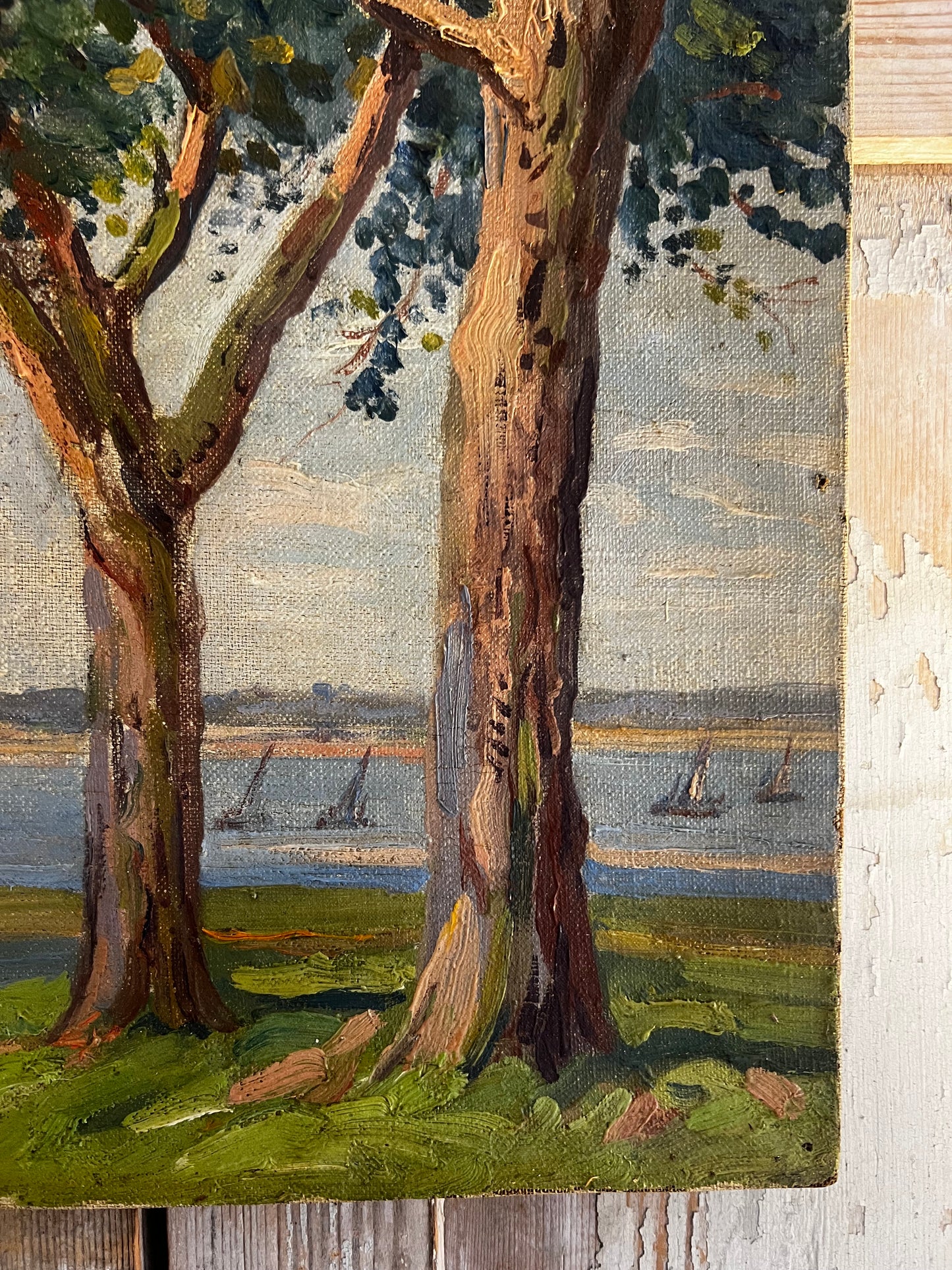 Pretty French Coastal Scene Oil on Canvas Painting