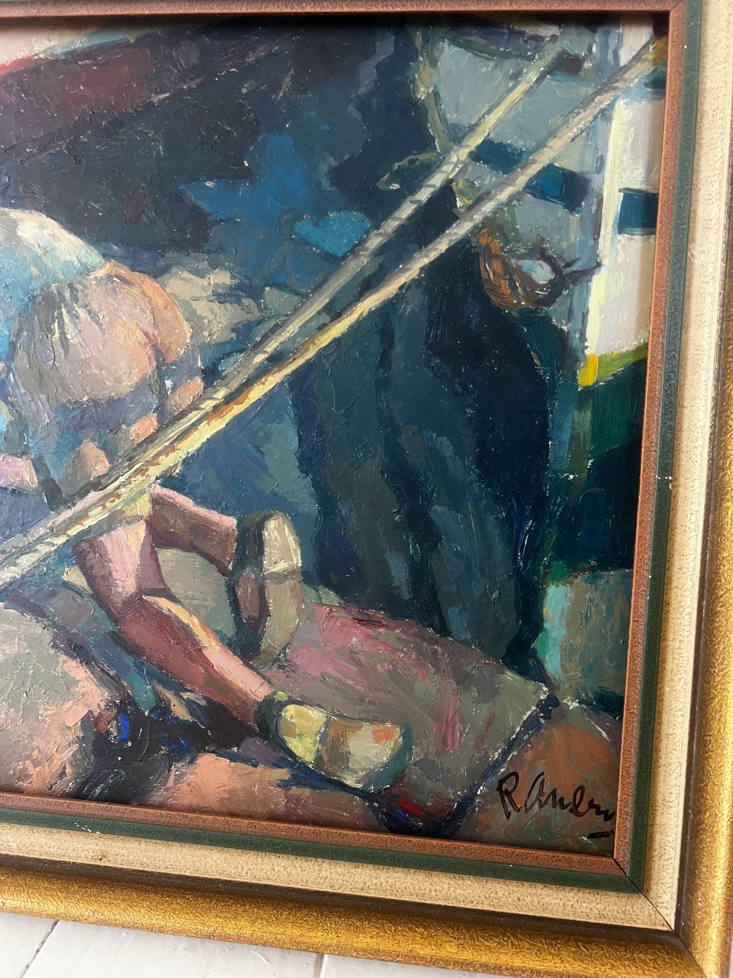 Large Framed Swedish Oil Painting Boy on a Yacht