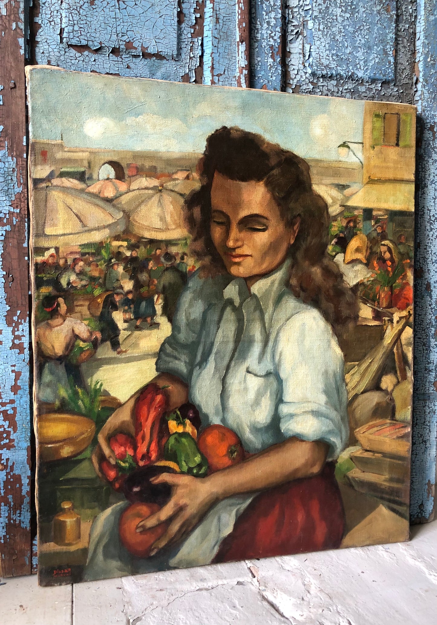 Large French Oil on Canvas Portrait Painting ‘Provence Market’ C1940