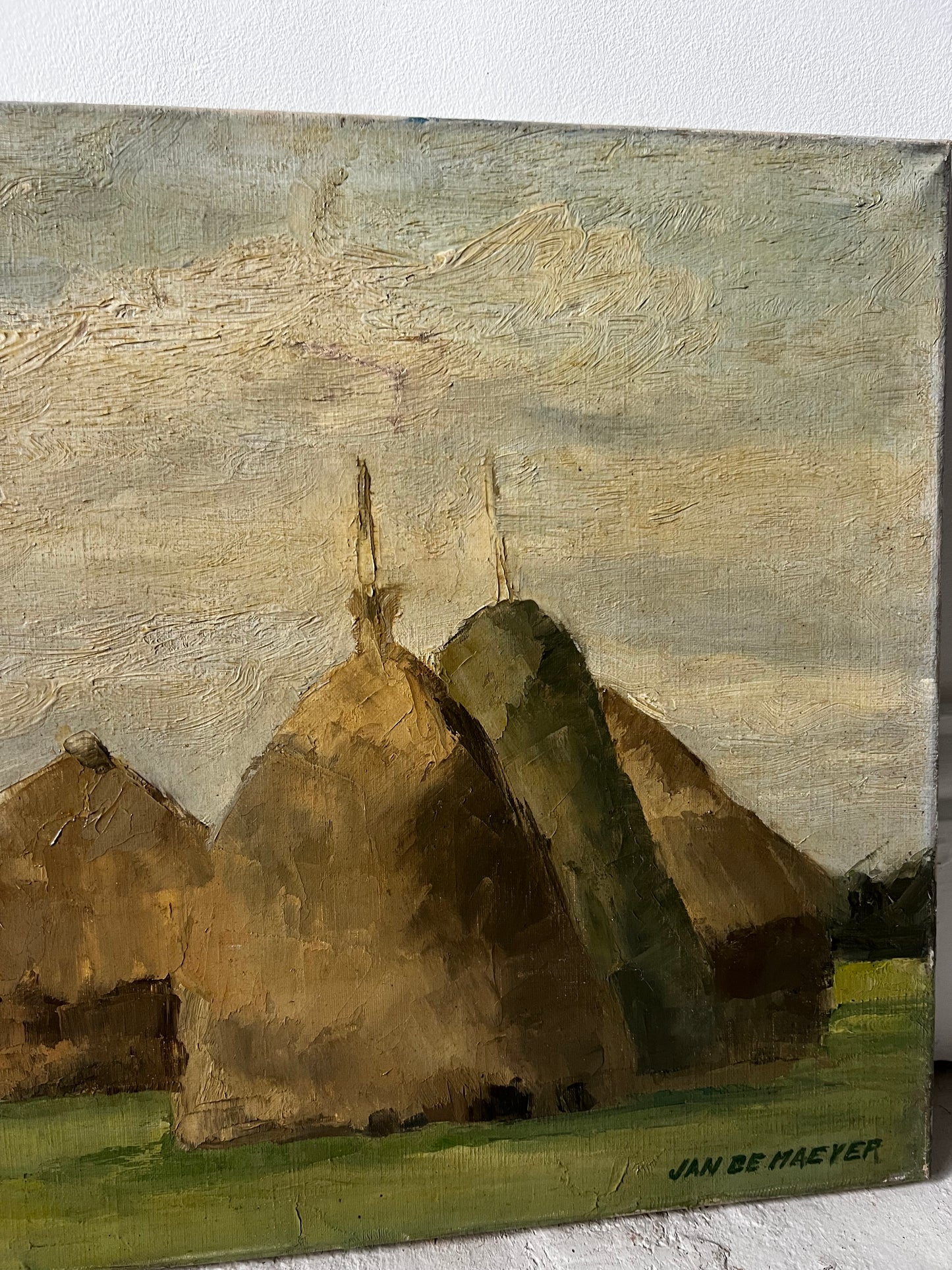 Belgian Oil on Canvas Painting of Haystacks by Jan De Maeyer