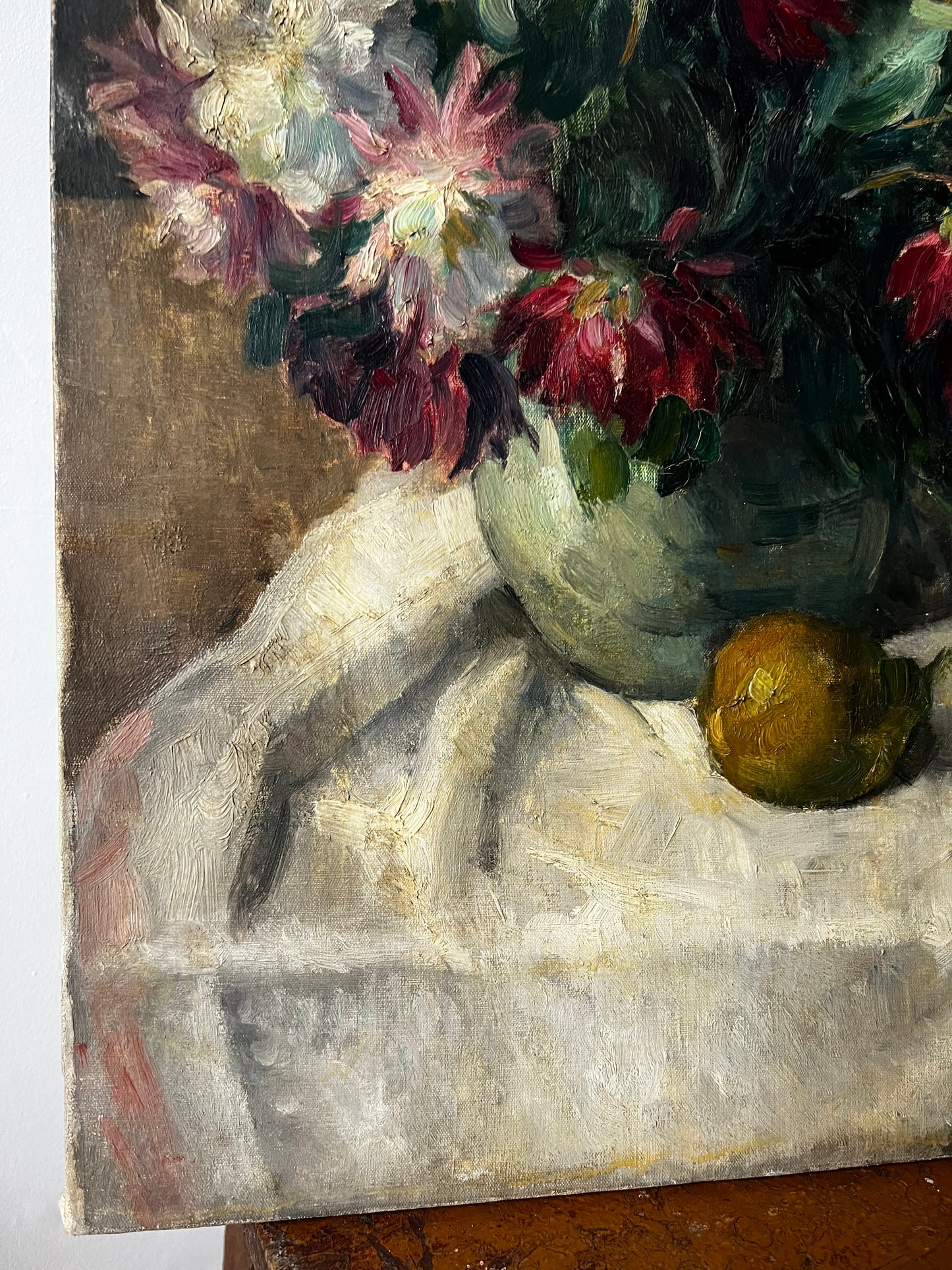 French 1930’s Still Life Oil Painting on Canvas Pears & Flowers
