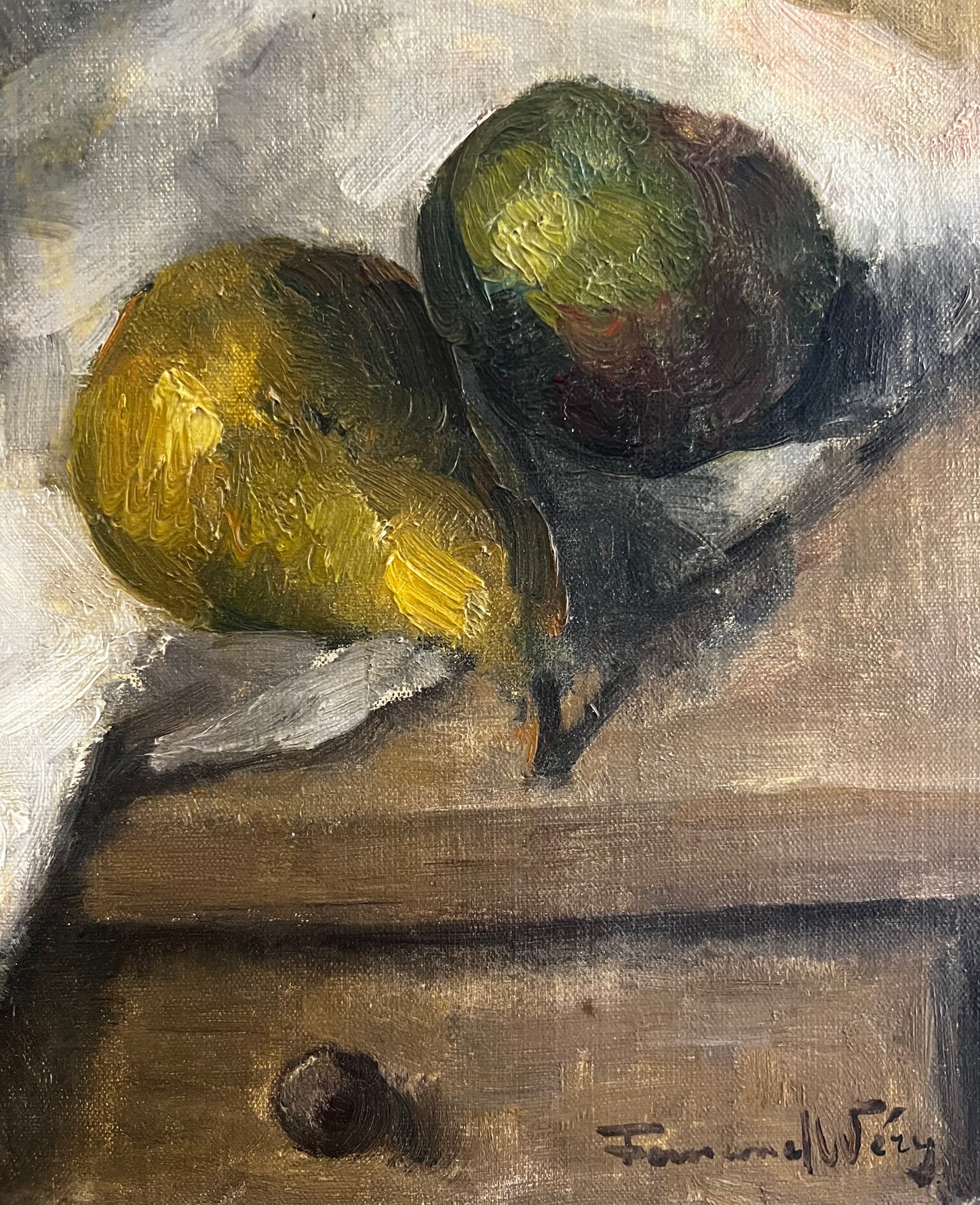 French 1930’s Still Life Oil Painting on Canvas Pears & Flowers