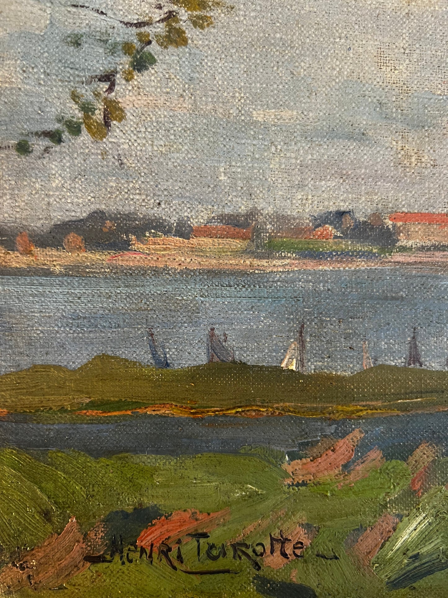 Pretty French Coastal Scene Oil on Canvas Painting