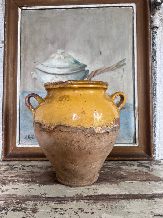 French Antique Yellow Confit Pot Unusual Shape