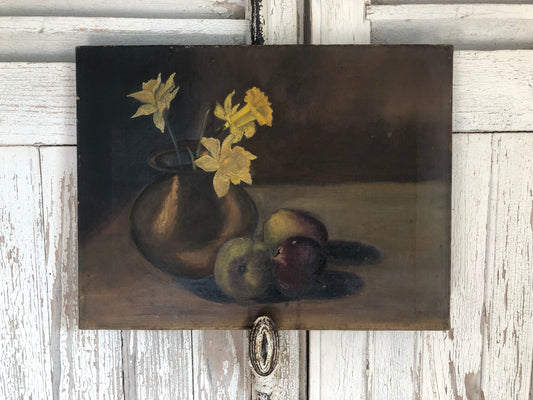 British oil on canvas still life painting Daffodils and Apples