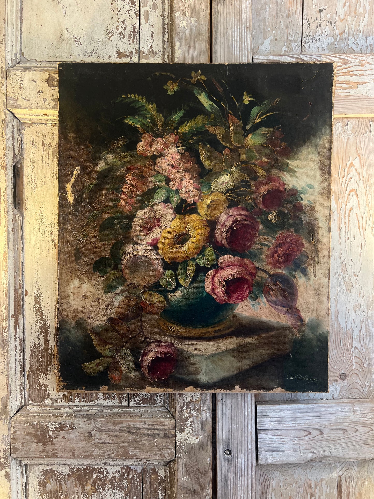 RESERVED Early 18th Century French floral oil painting on canvas