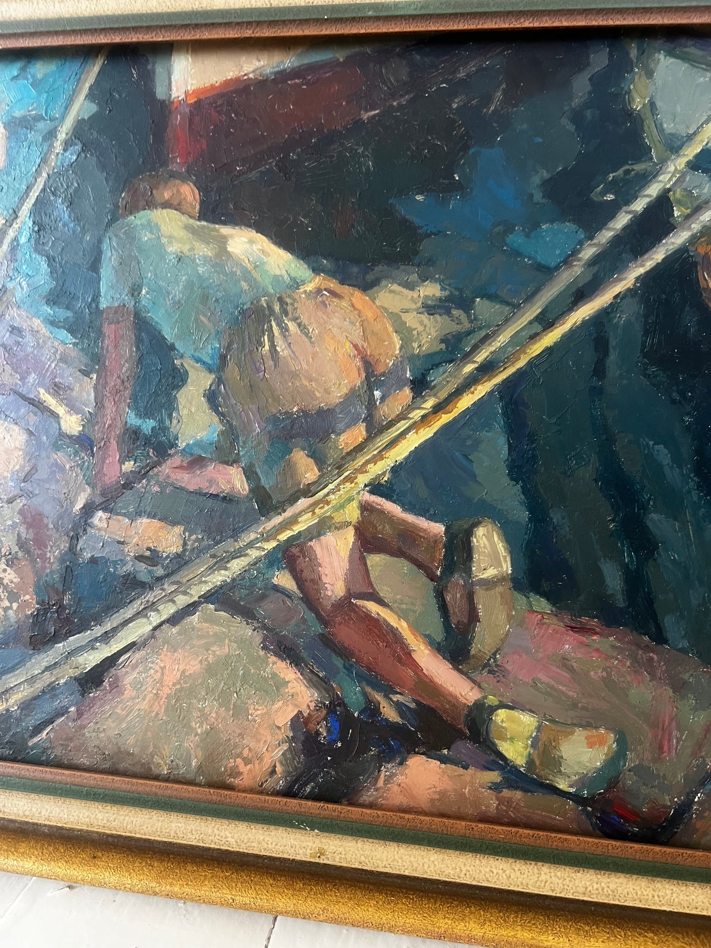 Large Framed Swedish Oil Painting Boy on a Yacht