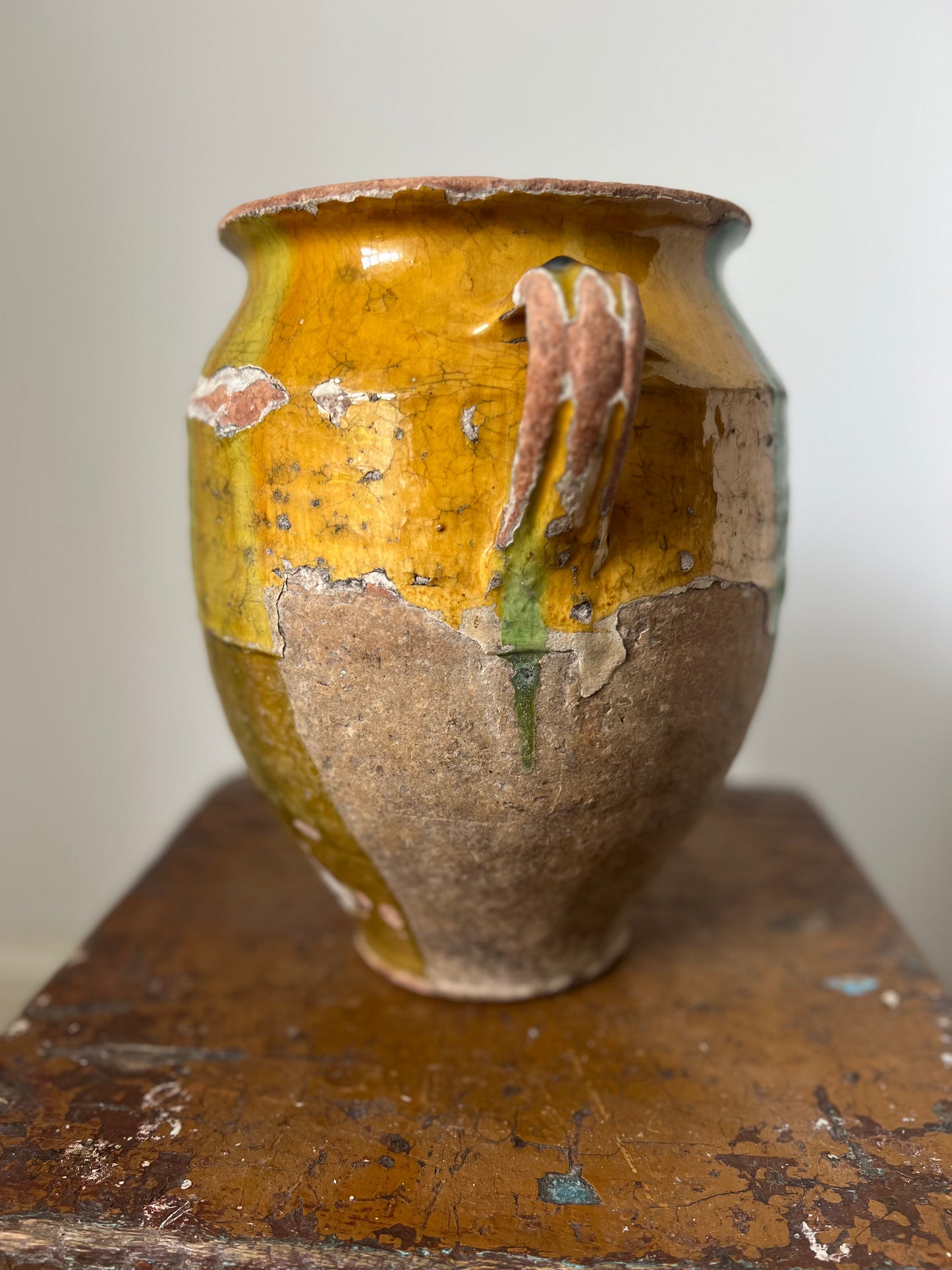 French Antique Large Confit Pot with gorgeous green flashes