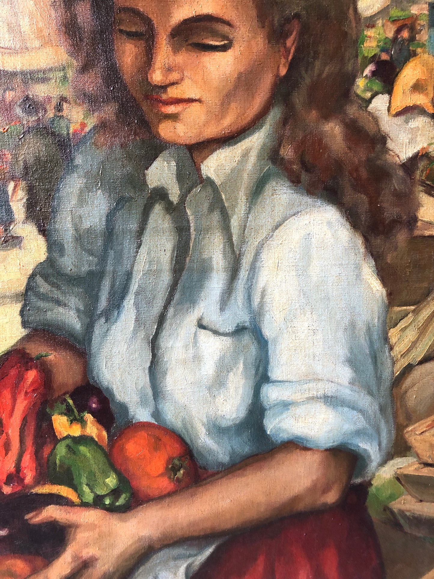 Large French Oil on Canvas Portrait Painting ‘Provence Market’ C1940