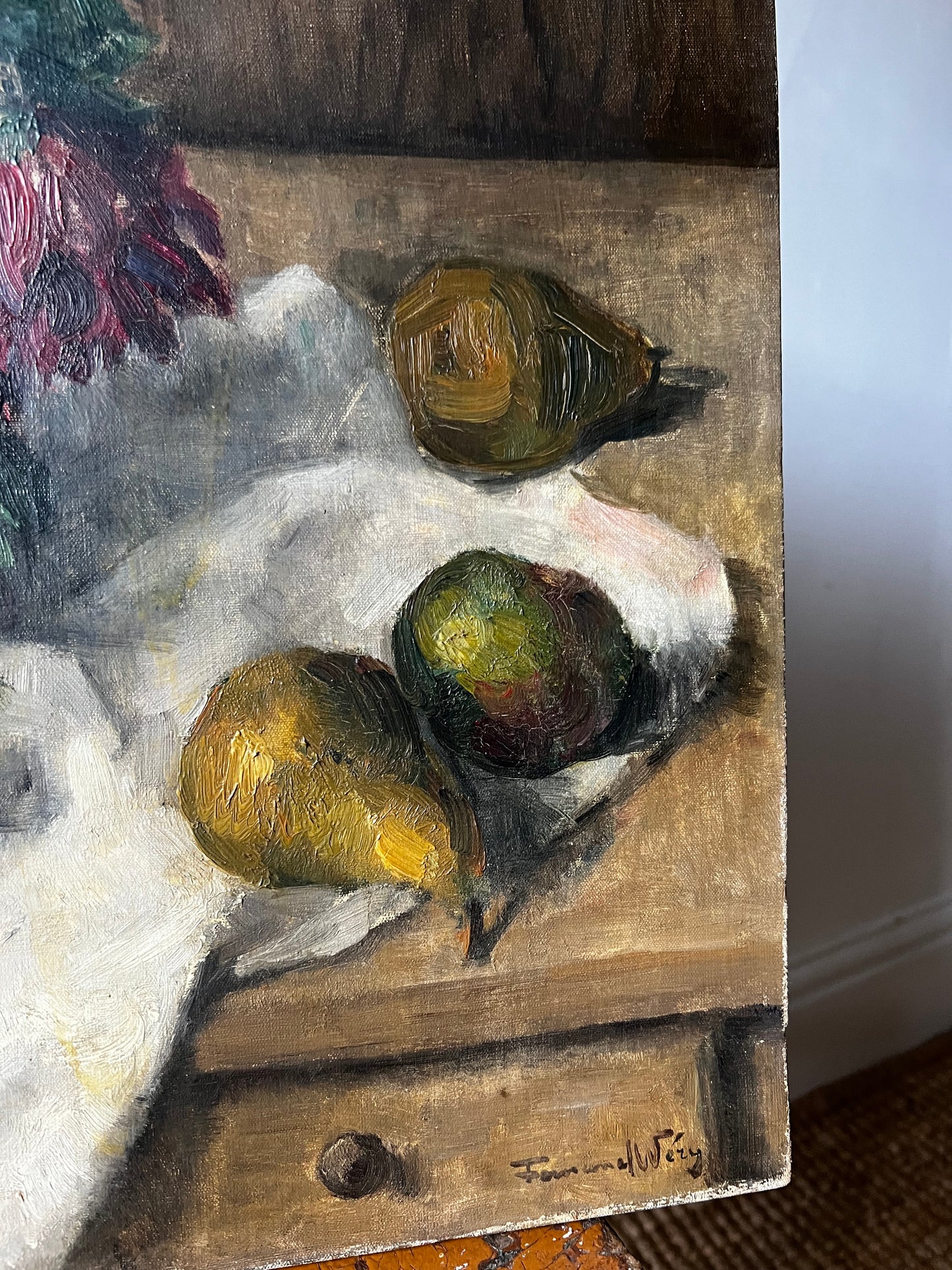 French 1930’s Still Life Oil Painting on Canvas Pears & Flowers