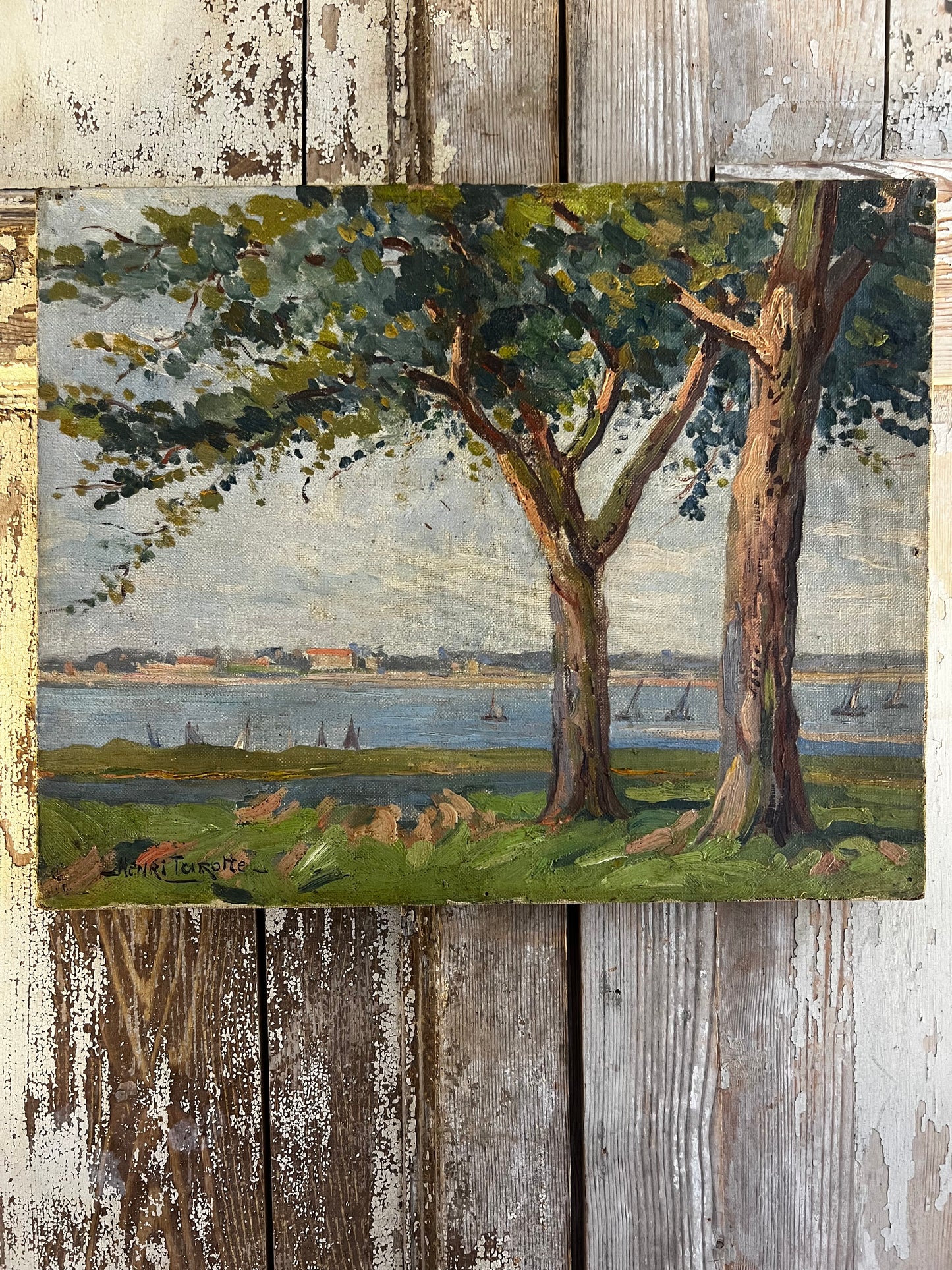 Pretty French Coastal Scene Oil on Canvas Painting