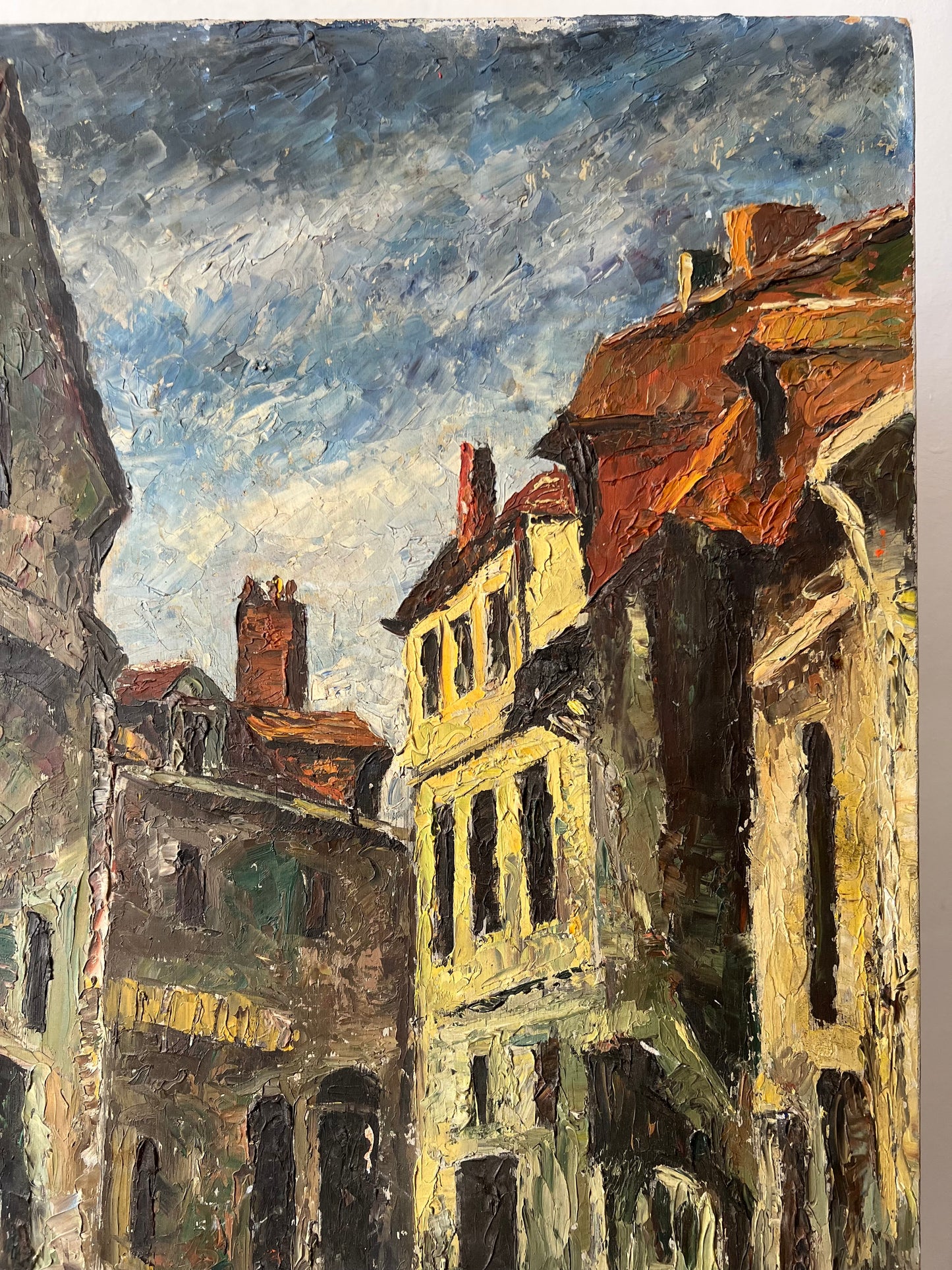 Large French Impasto Street Scene Oil Painting