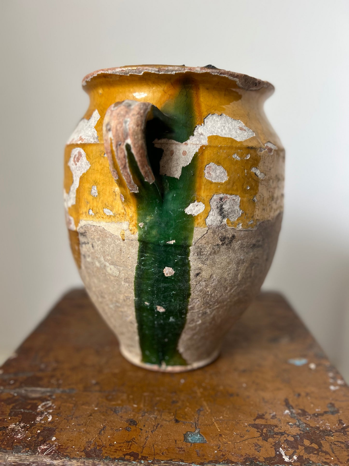 French Antique Large Confit Pot with gorgeous green flashes