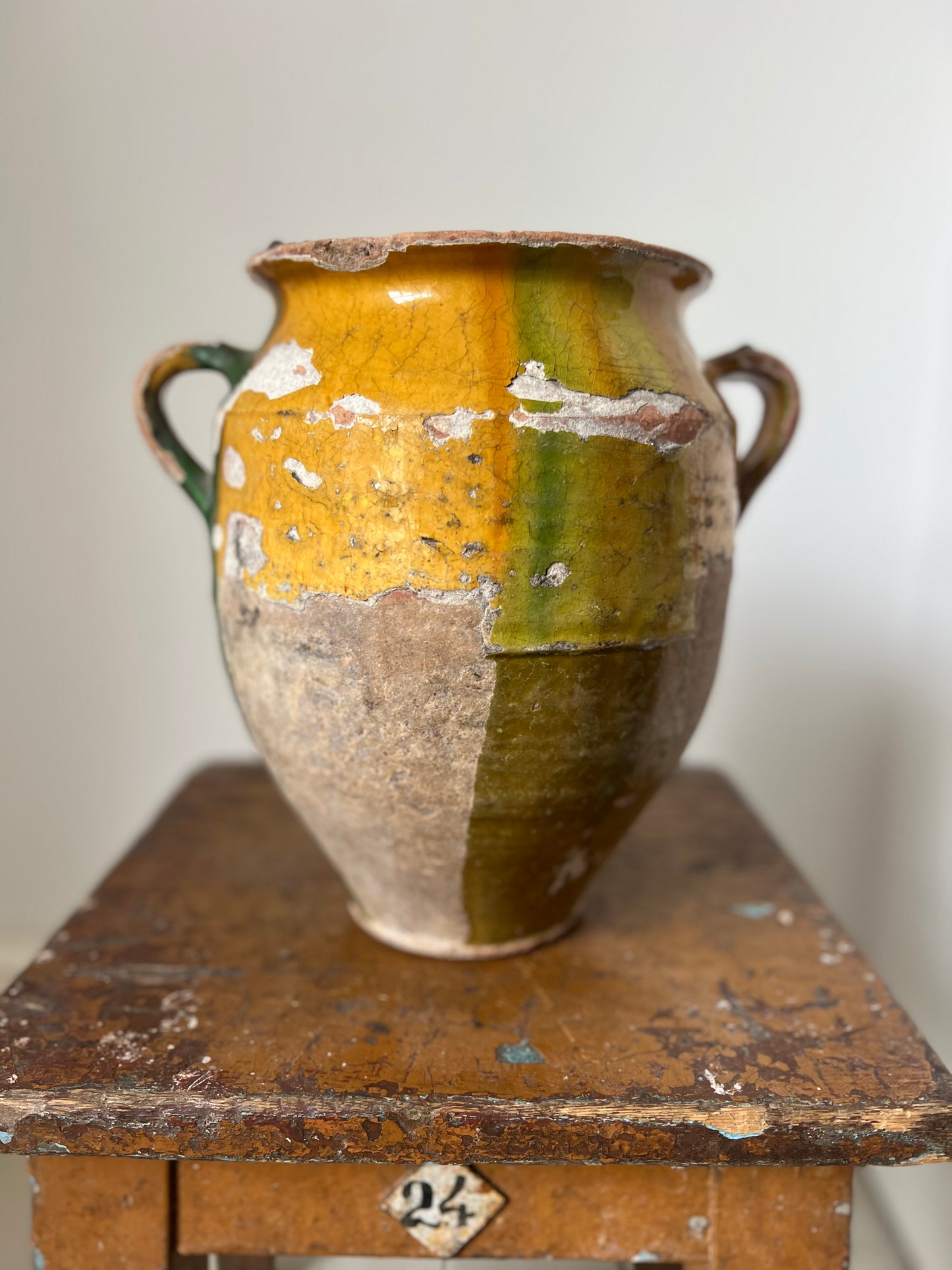 French Antique Large Confit Pot with gorgeous green flashes