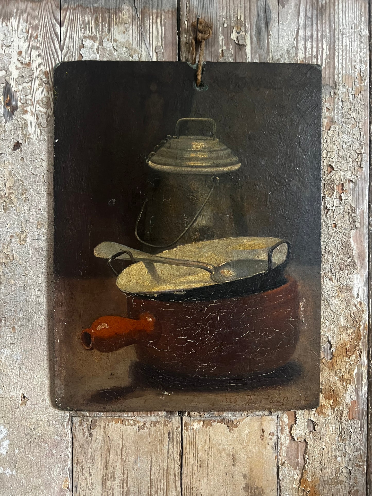 French 19th Century Oil Painting Kitchen Still Life by E Pagnoux dated 1885