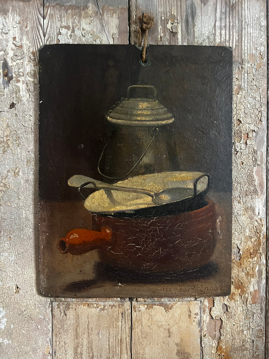 French 19th Century Oil Painting Kitchen Still Life by E Pagnoux dated 1885