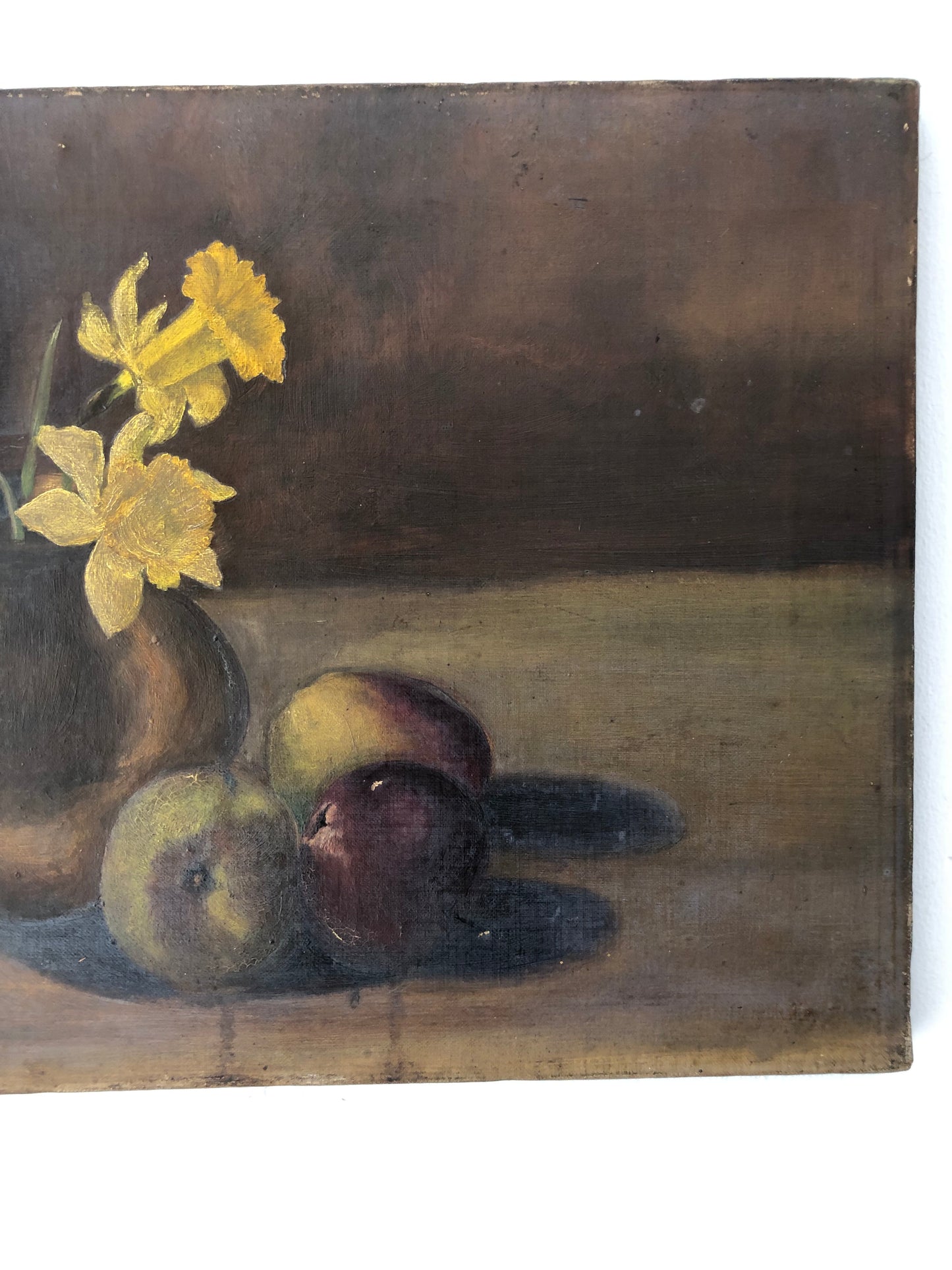 British oil on canvas still life painting Daffodils and Apples