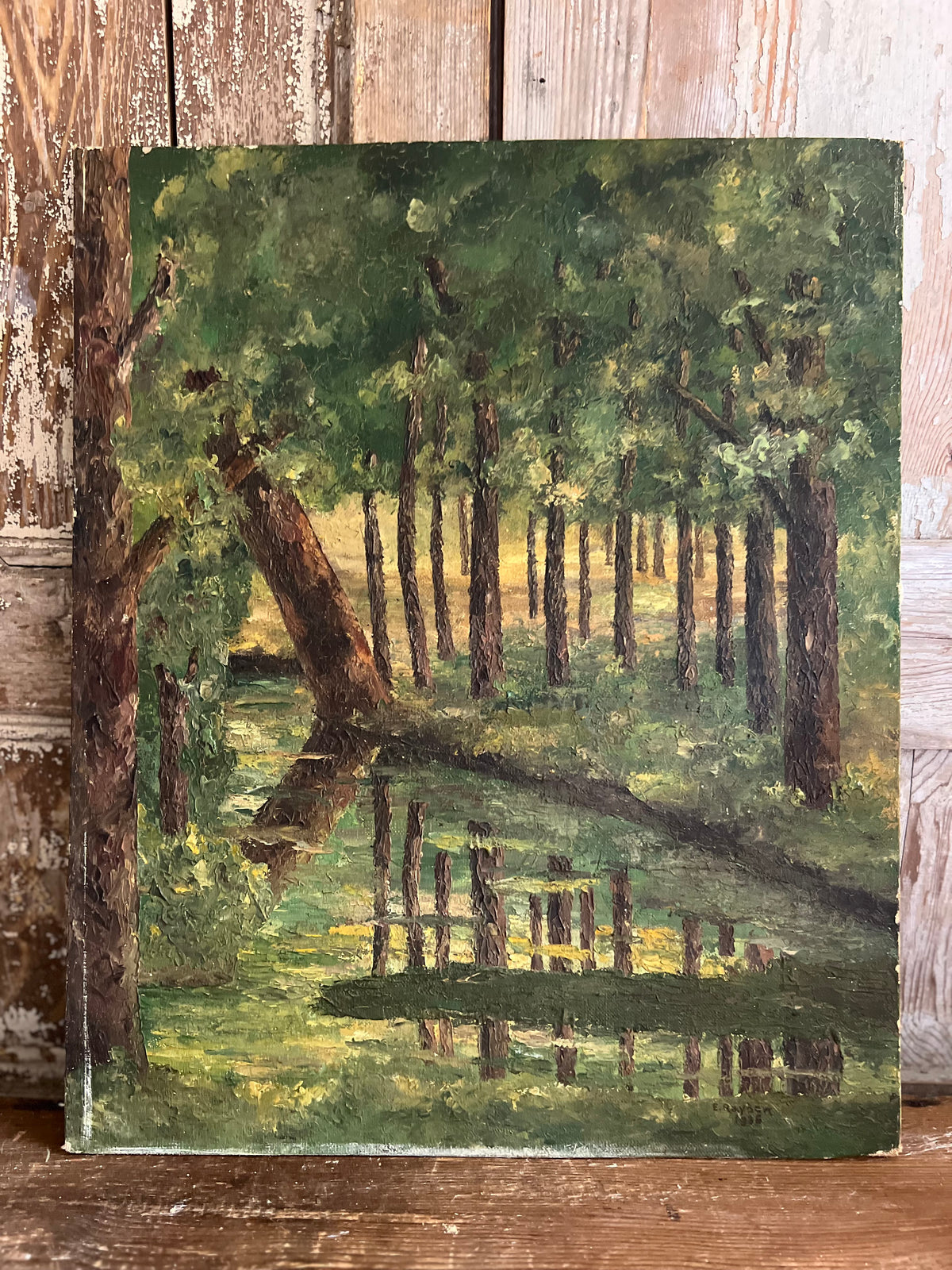 French Oil on Board Painting ‘Tree Reflections’