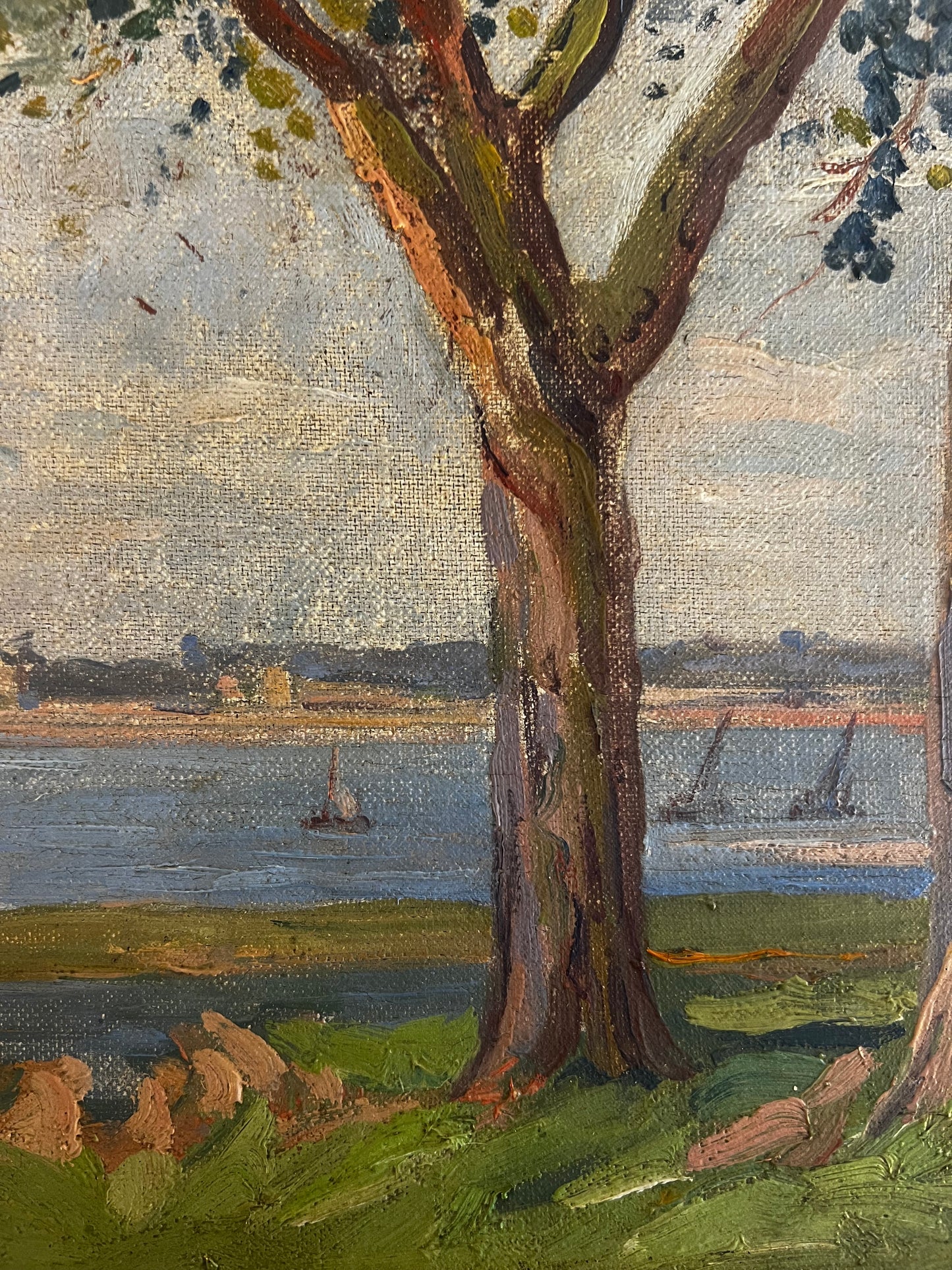 Pretty French Coastal Scene Oil on Canvas Painting