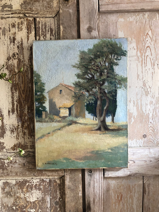 French 1930’s Provence Landscape Oil on Canvas Painting