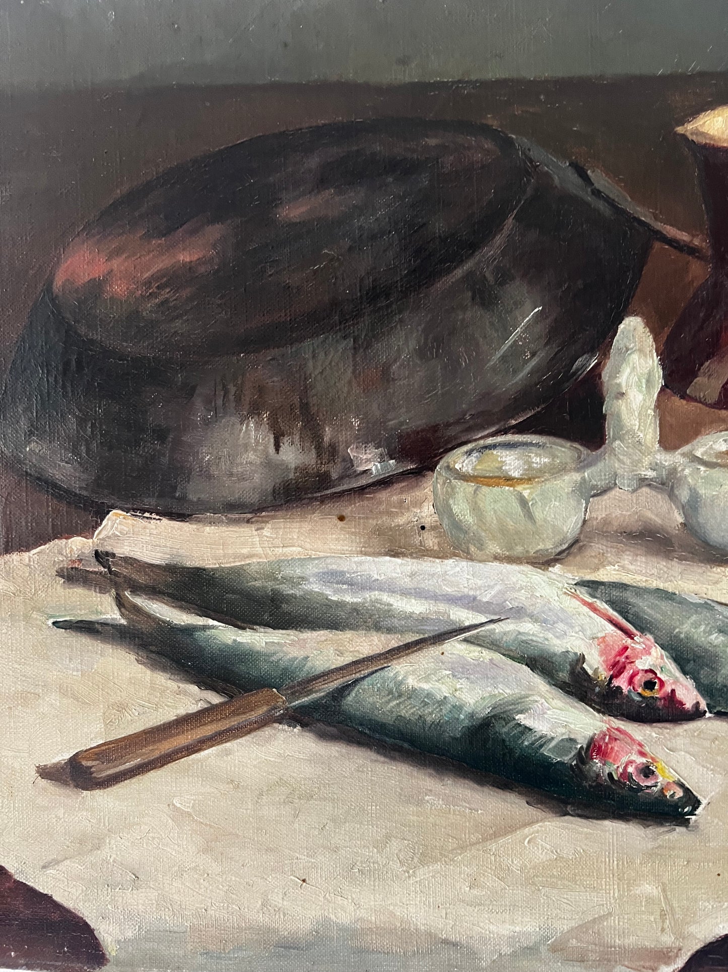 Stunning French Still Life Sardines Oil Painting on Canvas