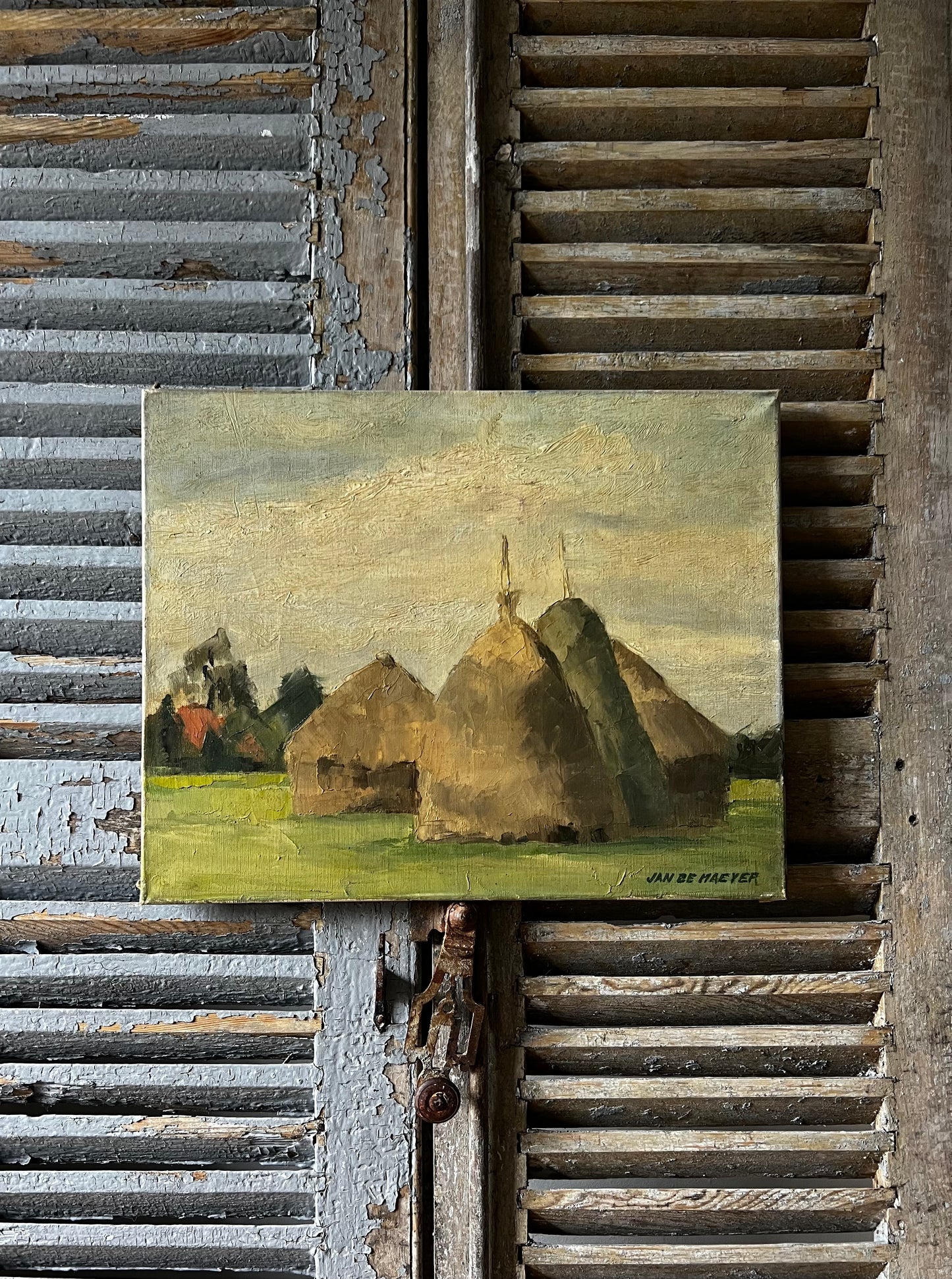 Belgian Oil on Canvas Painting of Haystacks by Jan De Maeyer