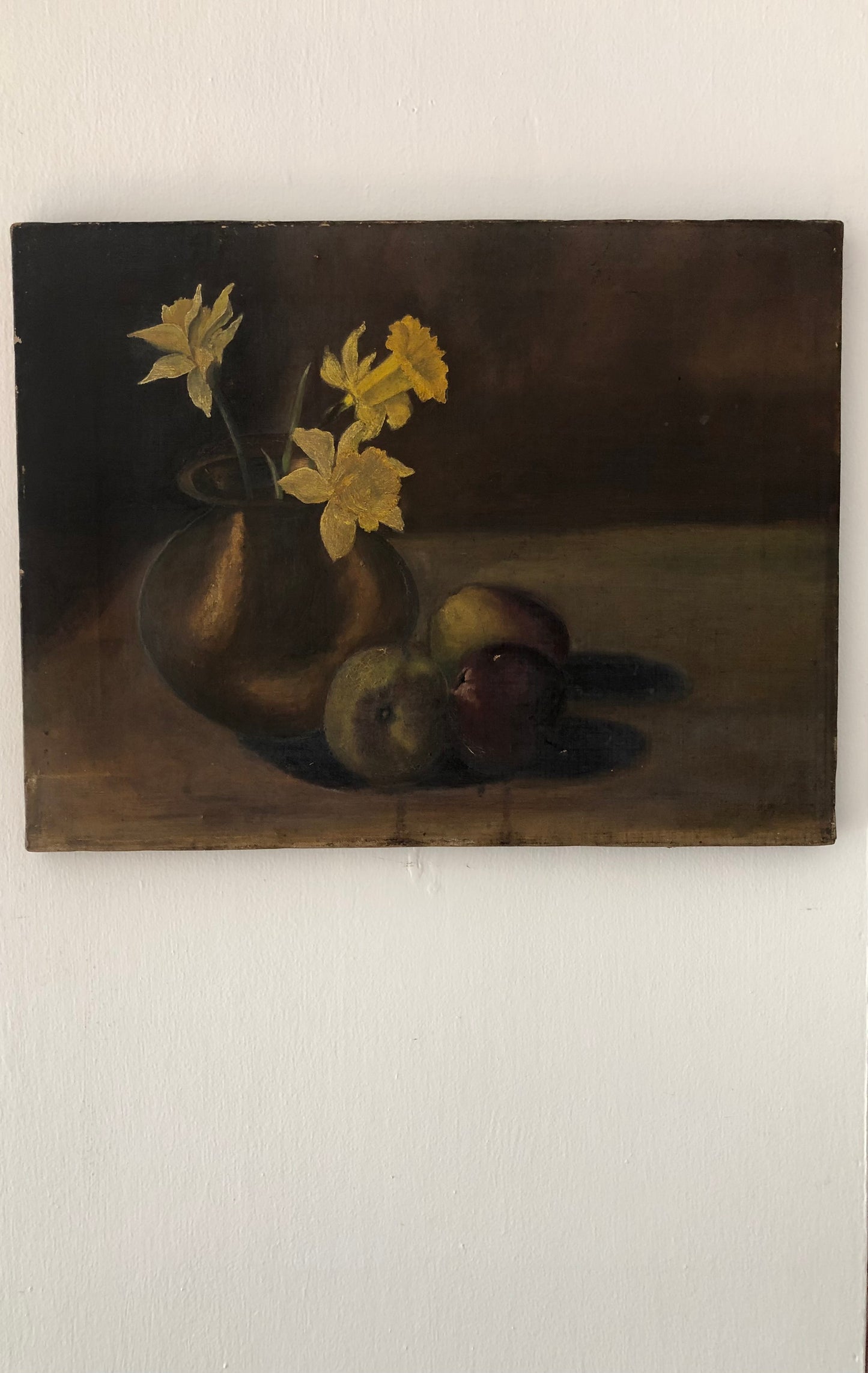 British oil on canvas still life painting Daffodils and Apples