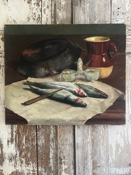 Stunning French Still Life Sardines Oil Painting on Canvas