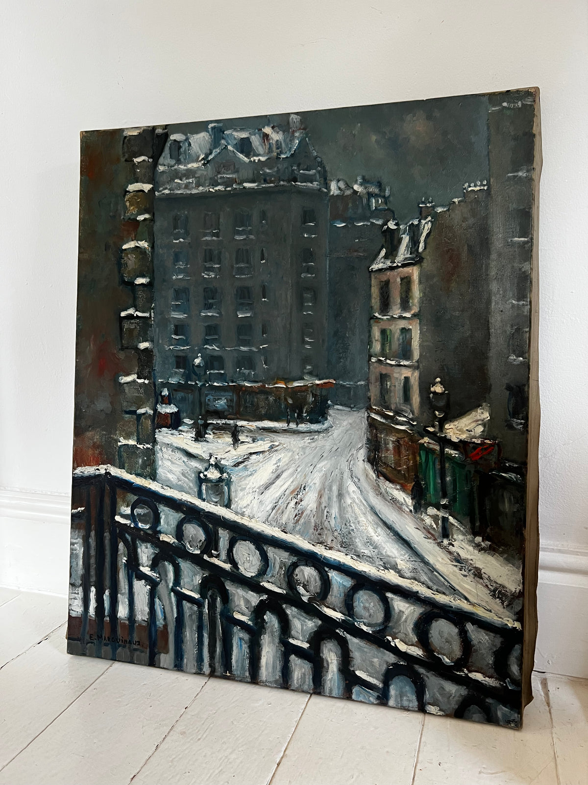 Large French Oil on Canvas Painting Paris 1946