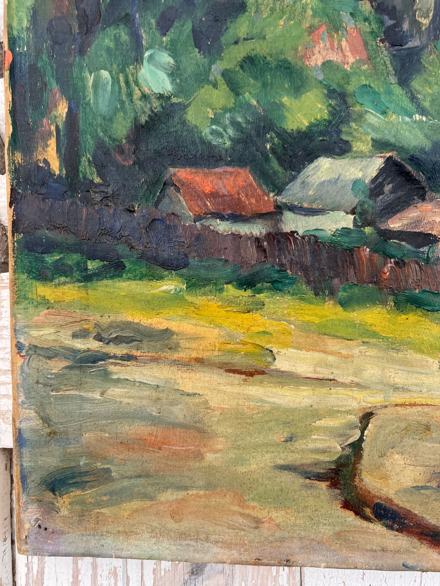 French Oil on Canvas Painting by Edouard Alluaud 1930’s ‘Viaduct Cottages’