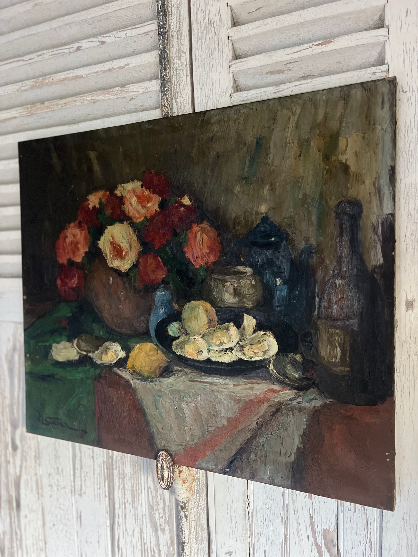 Large Post Impressionist Belgian Oil on Canvas Still Life Painting by Richard-Leon Leutenez 1881-1963 Roses & Oysters