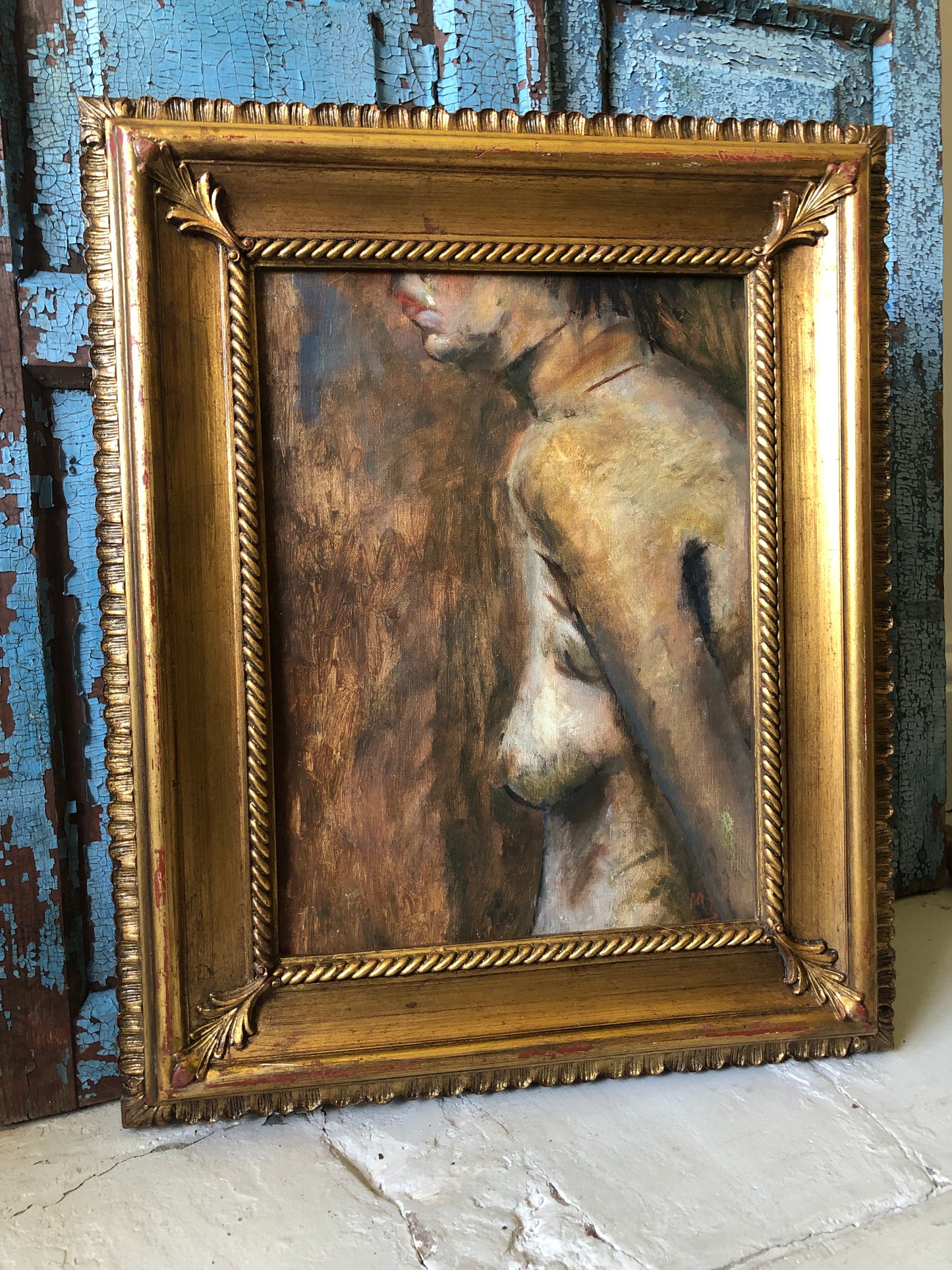 French Nude Oil Painting in Gold Frame