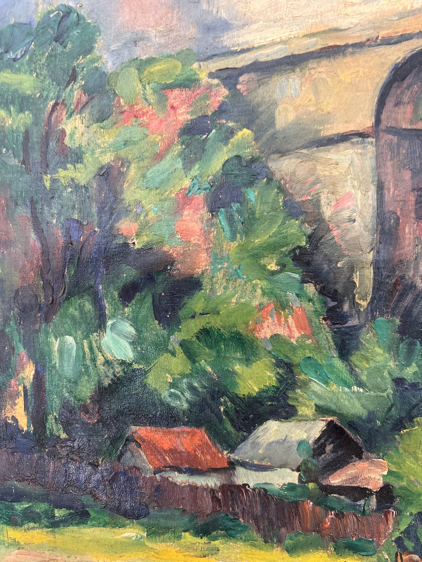 French Oil on Canvas Painting by Edouard Alluaud 1930’s ‘Viaduct Cottages’