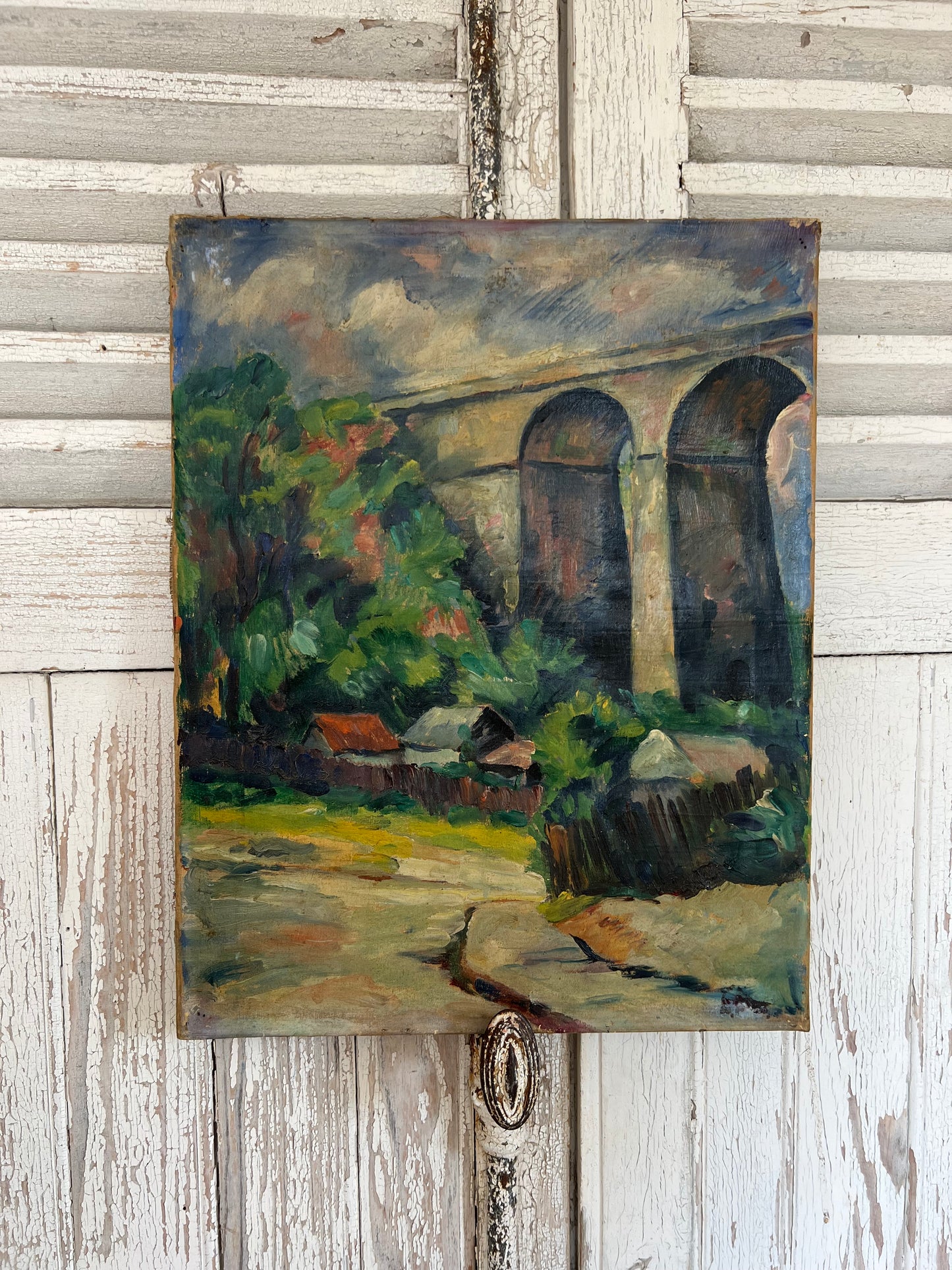 French Oil on Canvas Painting by Edouard Alluaud 1930’s ‘Viaduct Cottages’