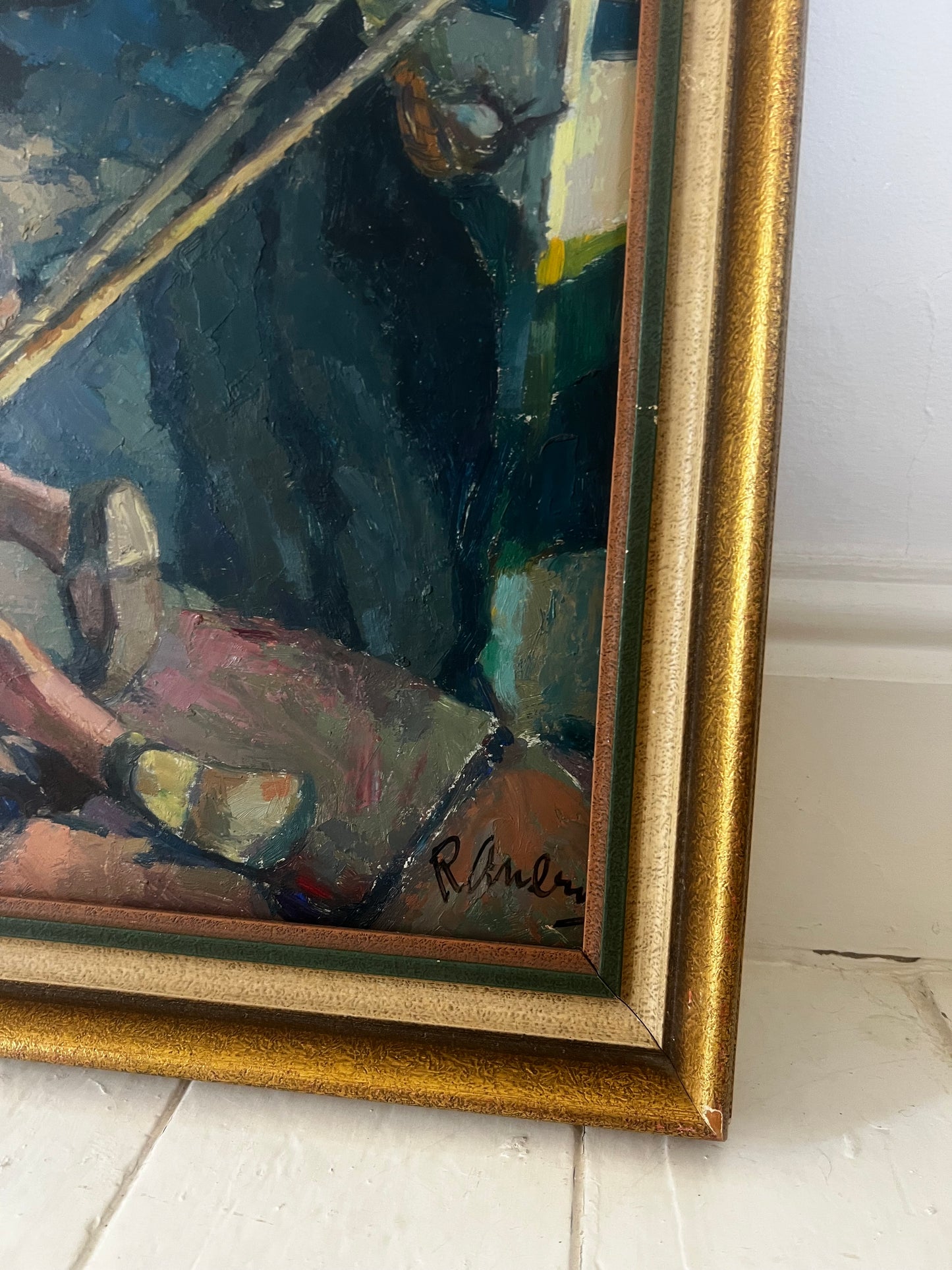 Large Framed Swedish Oil Painting Boy on a Yacht