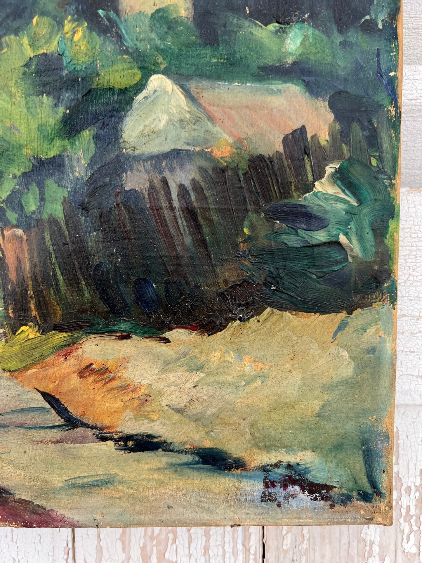 French Oil on Canvas Painting by Edouard Alluaud 1930’s ‘Viaduct Cottages’