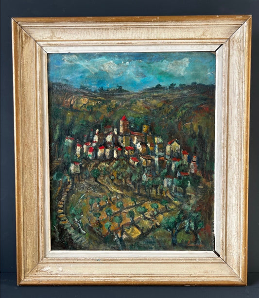 Large 1920’s Provence Framed Oil Painting of a village and vineyard