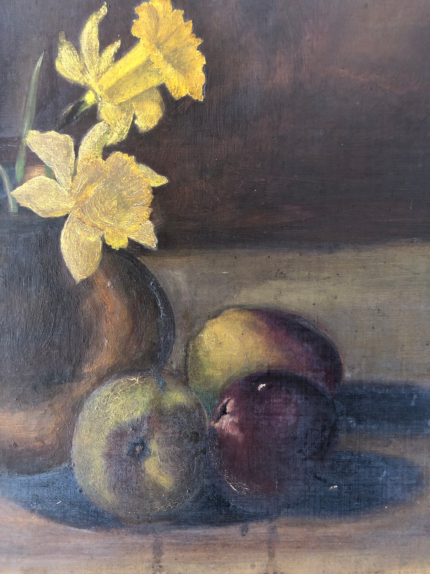 British oil on canvas still life painting Daffodils and Apples