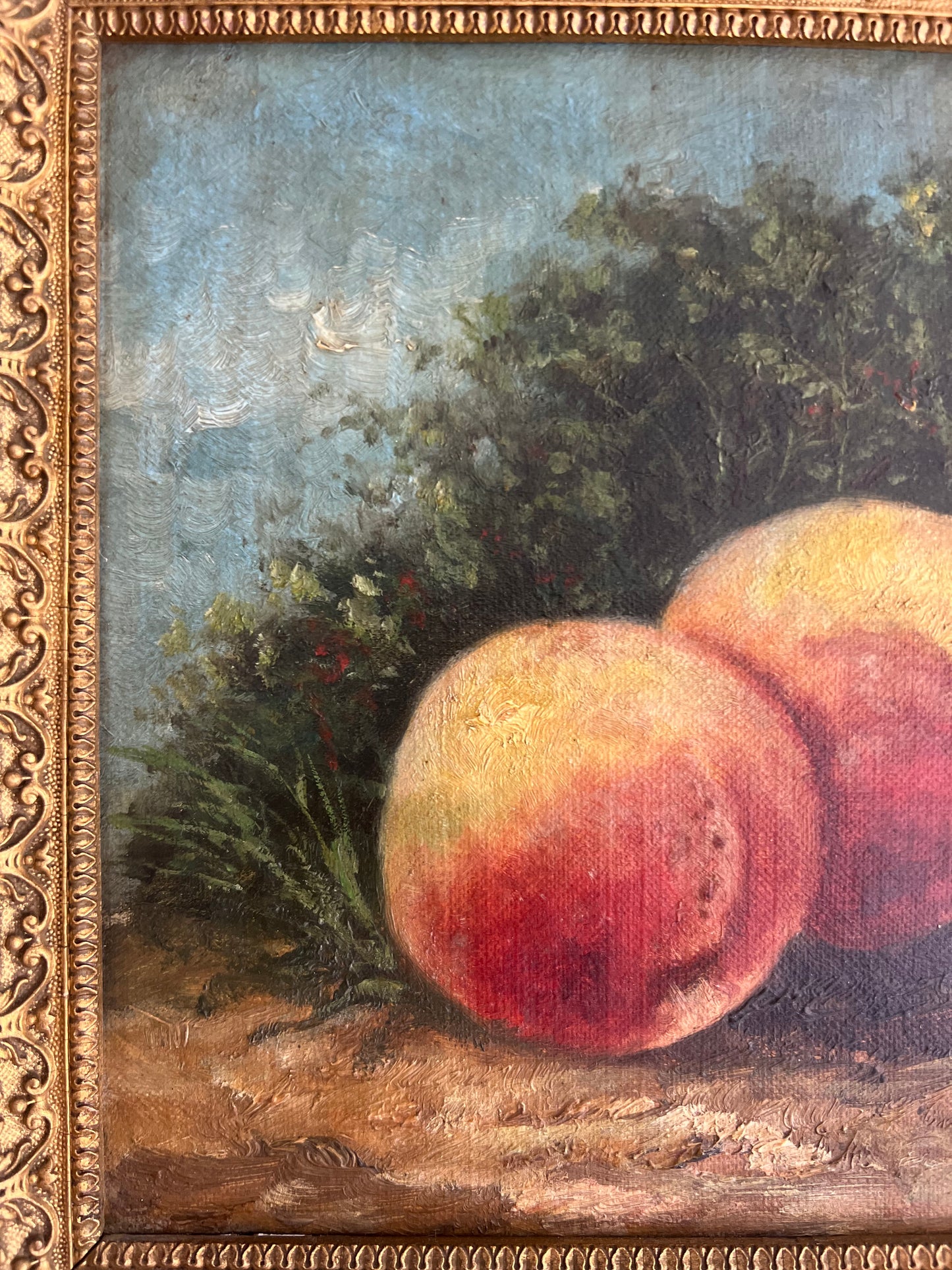 RESERVED FOR CARRIE Antique Framed Small oil Painting on canvas of Peaches dated 1892