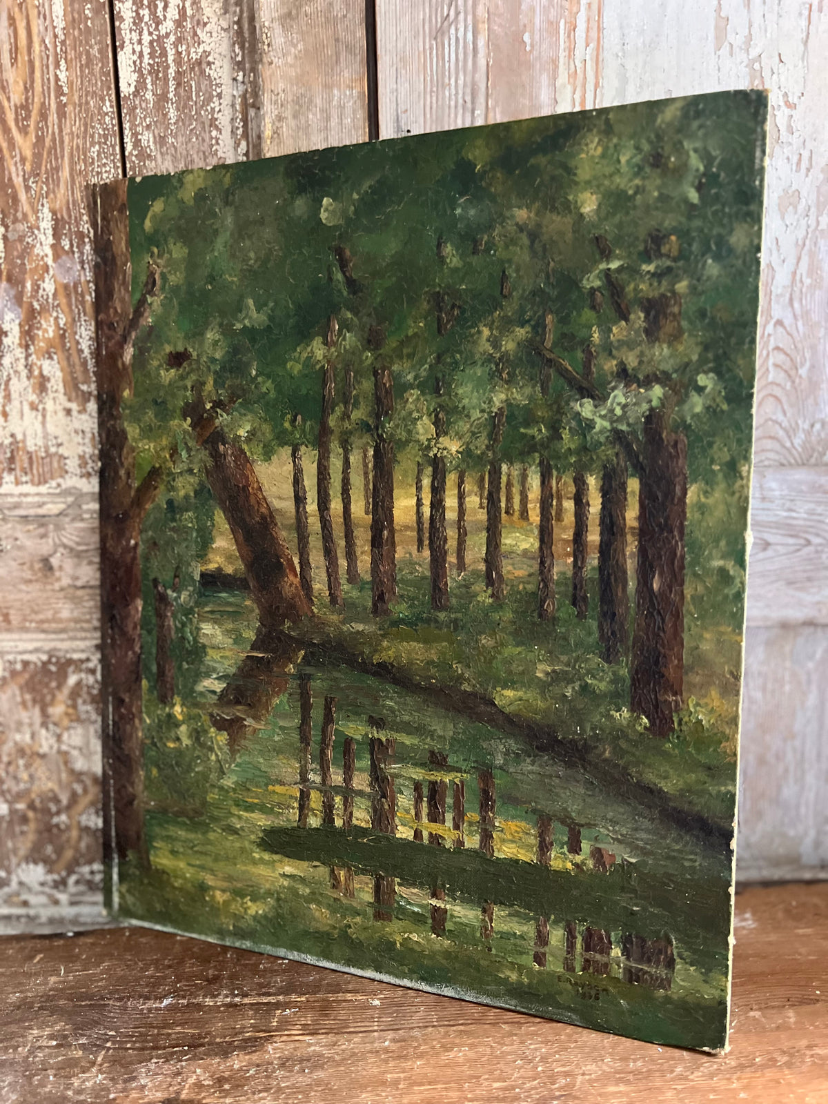 French Oil on Board Painting ‘Tree Reflections’