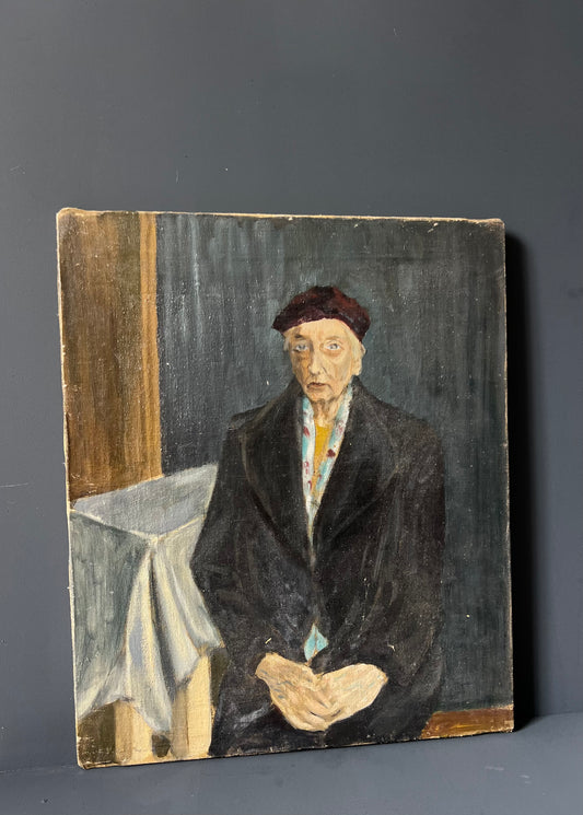 French Outsider Art Large Double Sided Portrait Oil Painting on Canvas