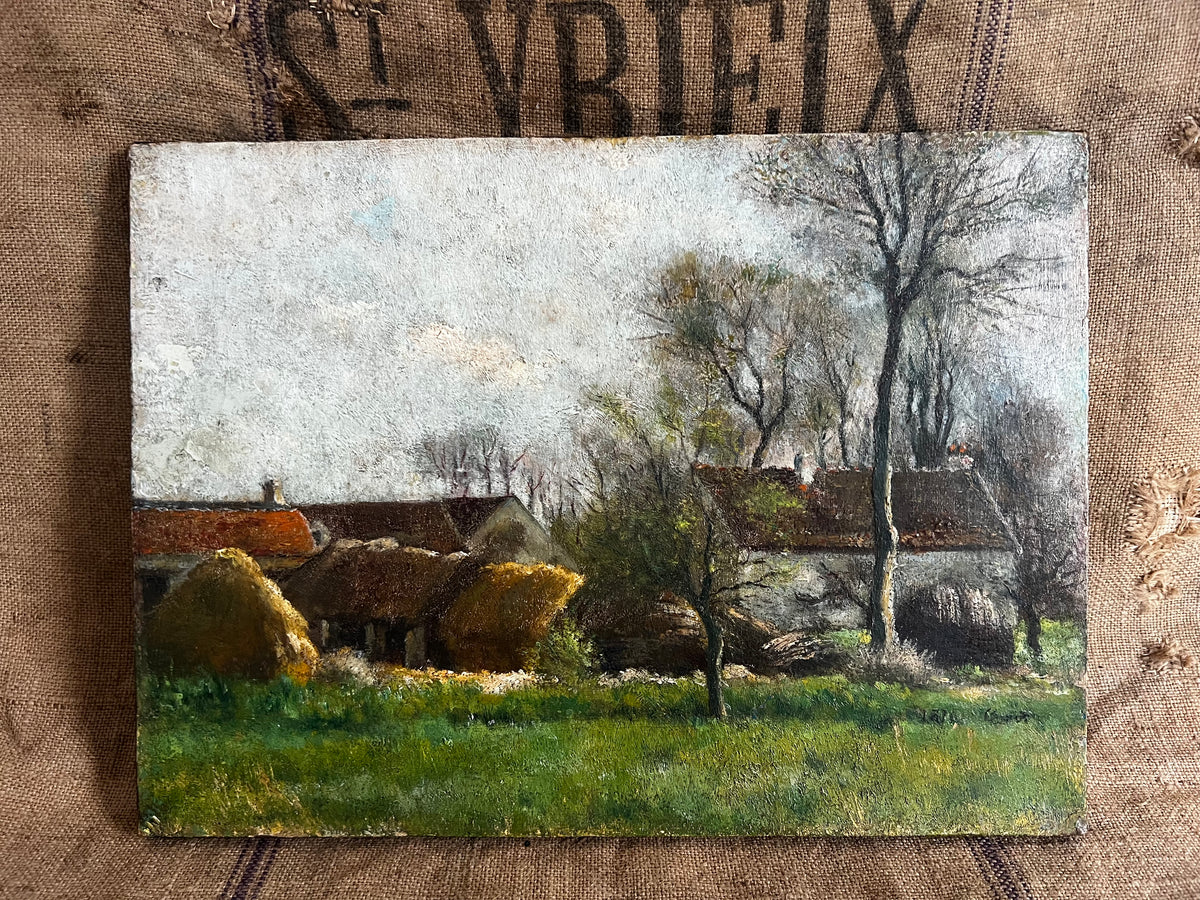 Beautiful French Antique Countryside oil painting on canvas dated 1876