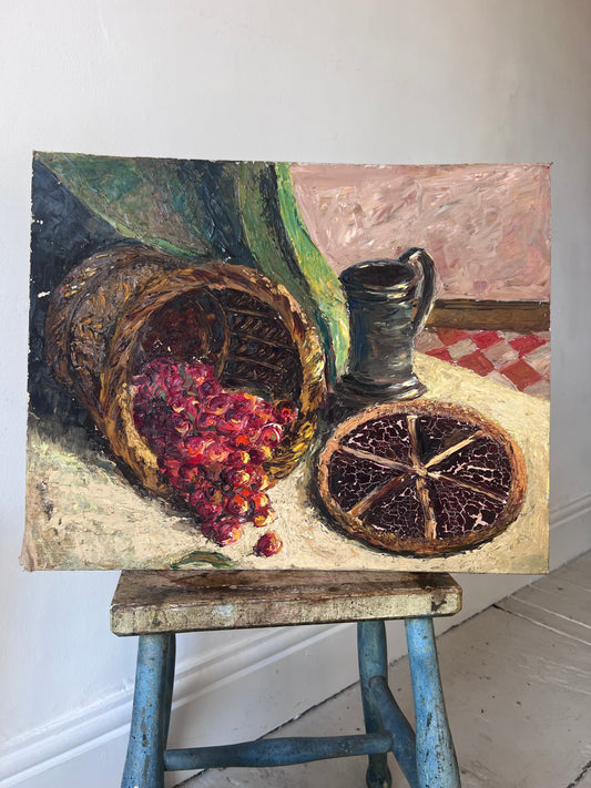French Still Life Oil on Board large painting ‘Cherry Pie’