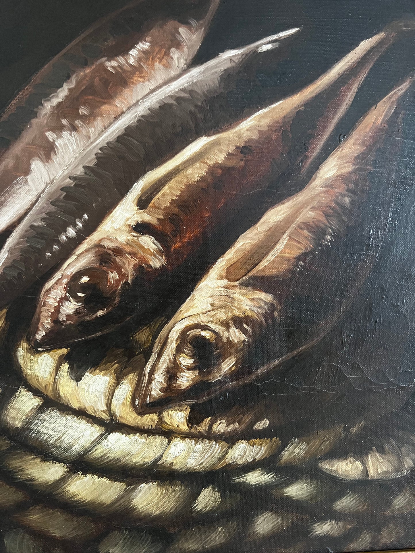 Large Vintage French Oil on Canvas Still Life Painting of Fish