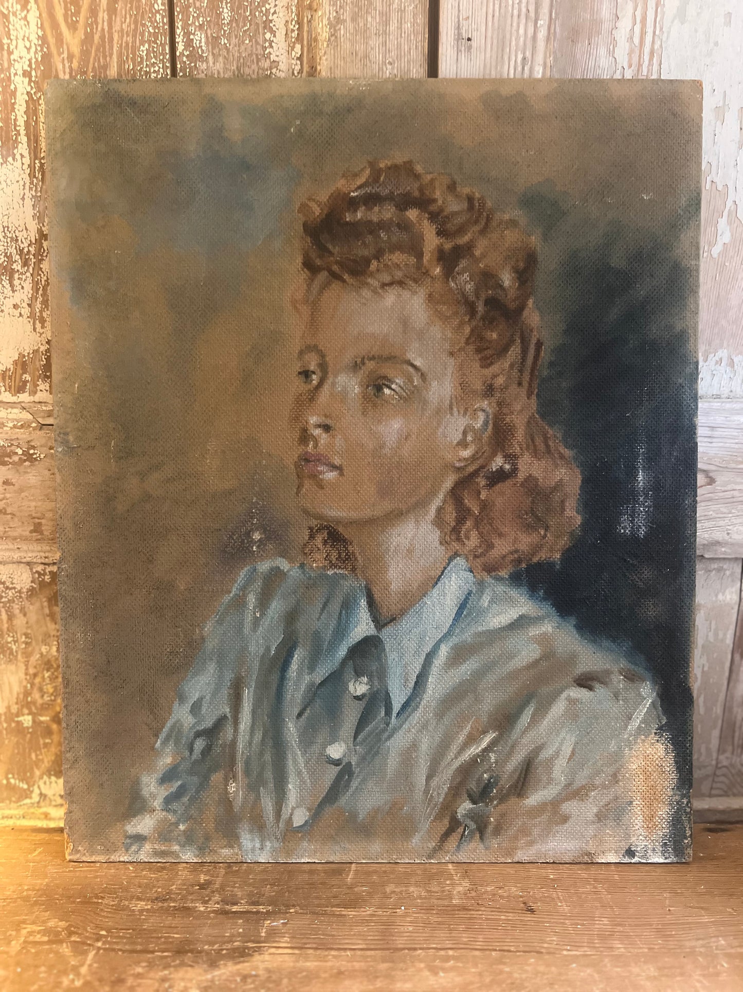 French 1940’s Oil on Board Portrait Painting