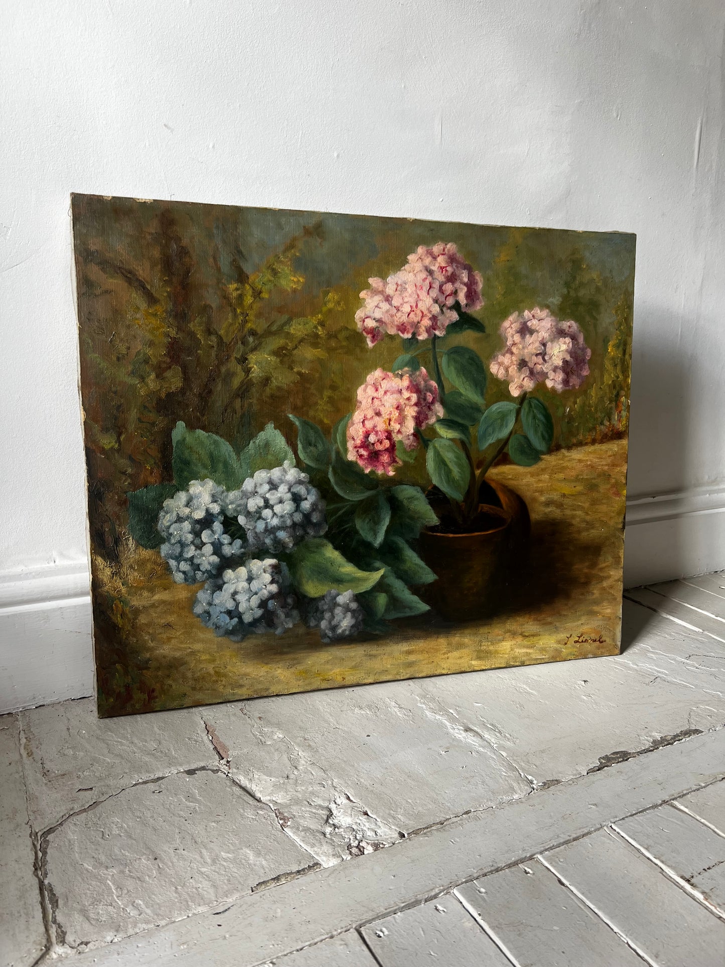 Large French Oil on Canvas Painting of Hydrangeas