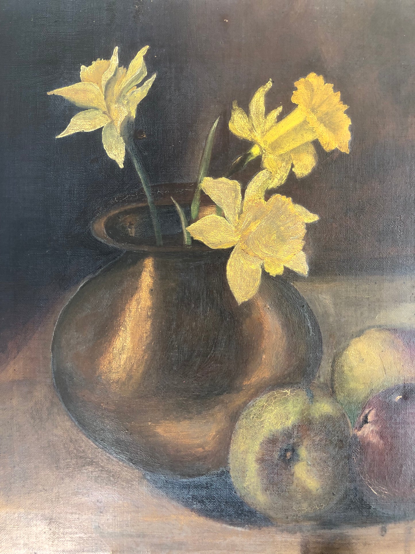 British oil on canvas still life painting Daffodils and Apples