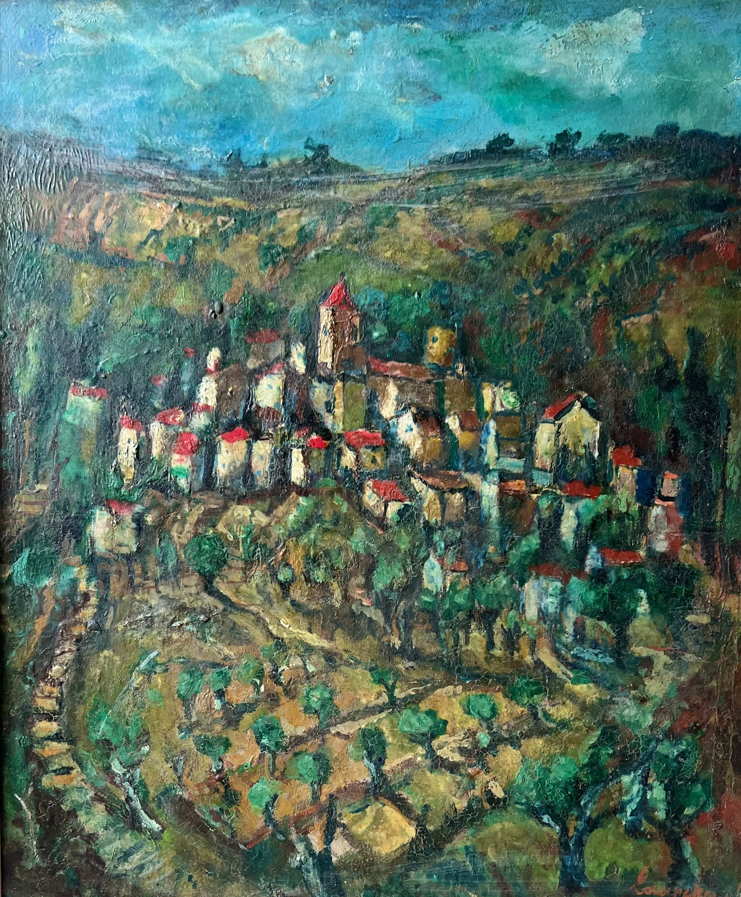 Large 1920’s Provence Framed Oil Painting of a village and vineyard