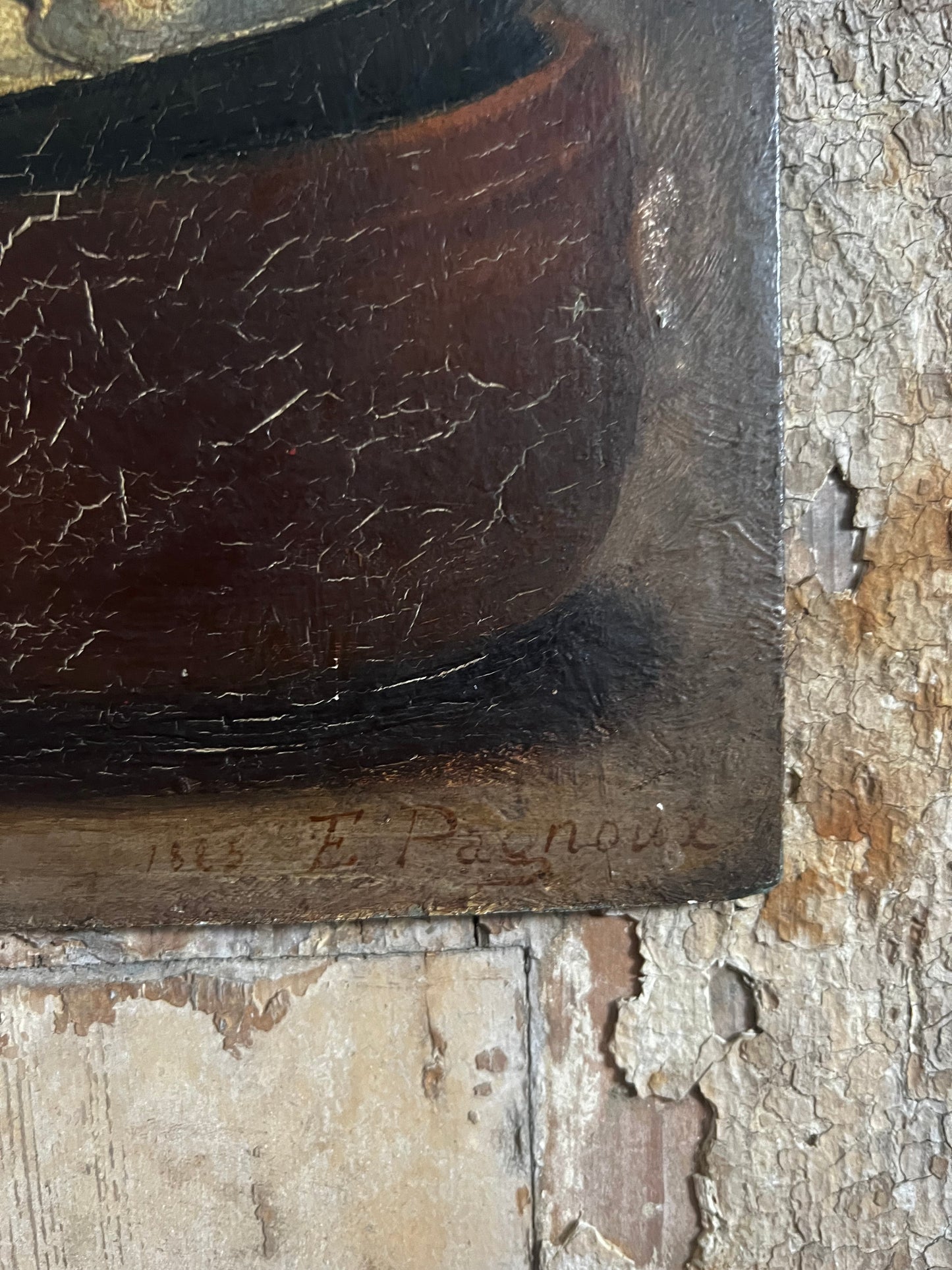 French 19th Century Oil Painting Kitchen Still Life by E Pagnoux dated 1885