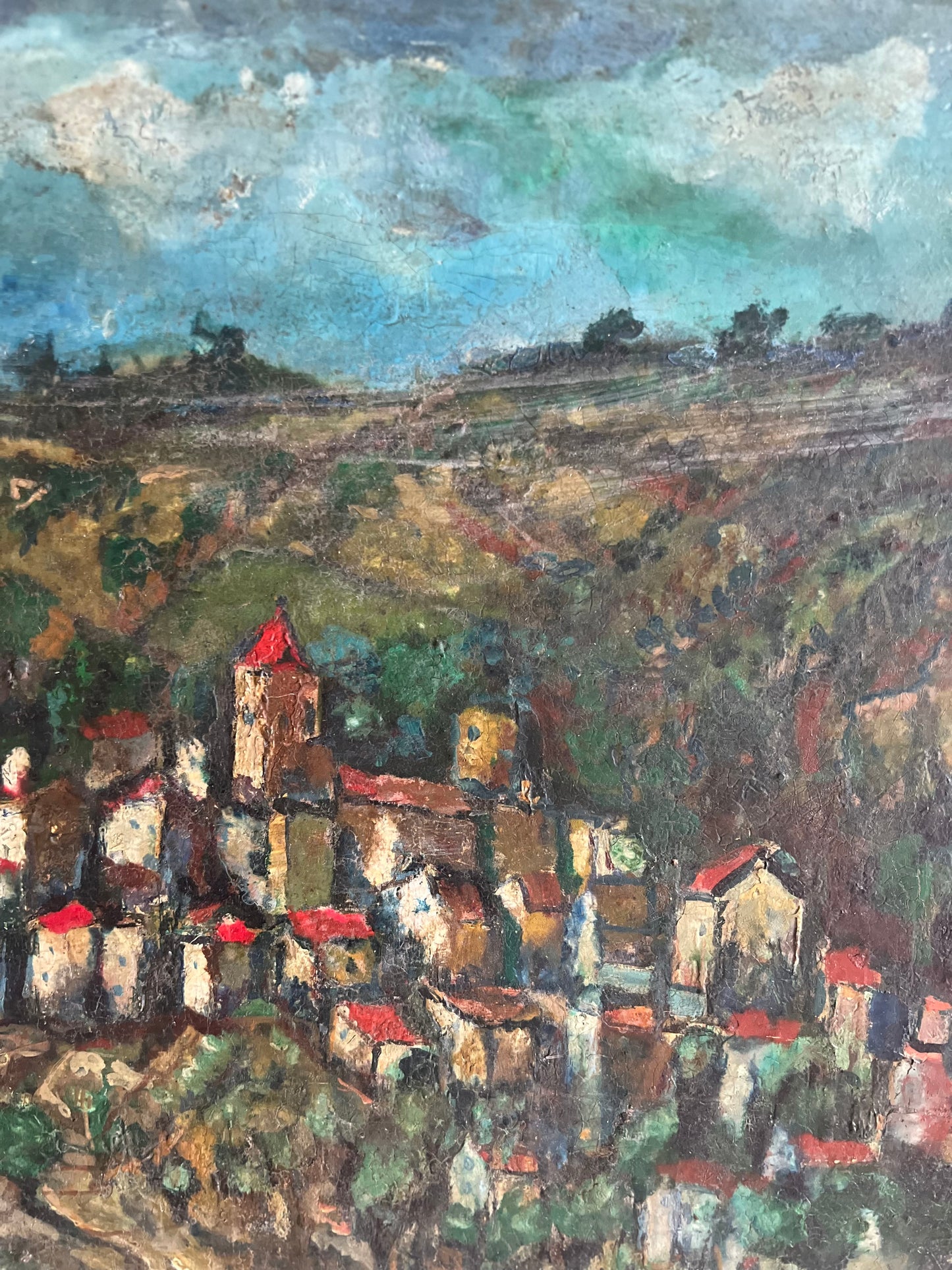 Large Provence Oil Painting of a Hilltop Village & Vineyard